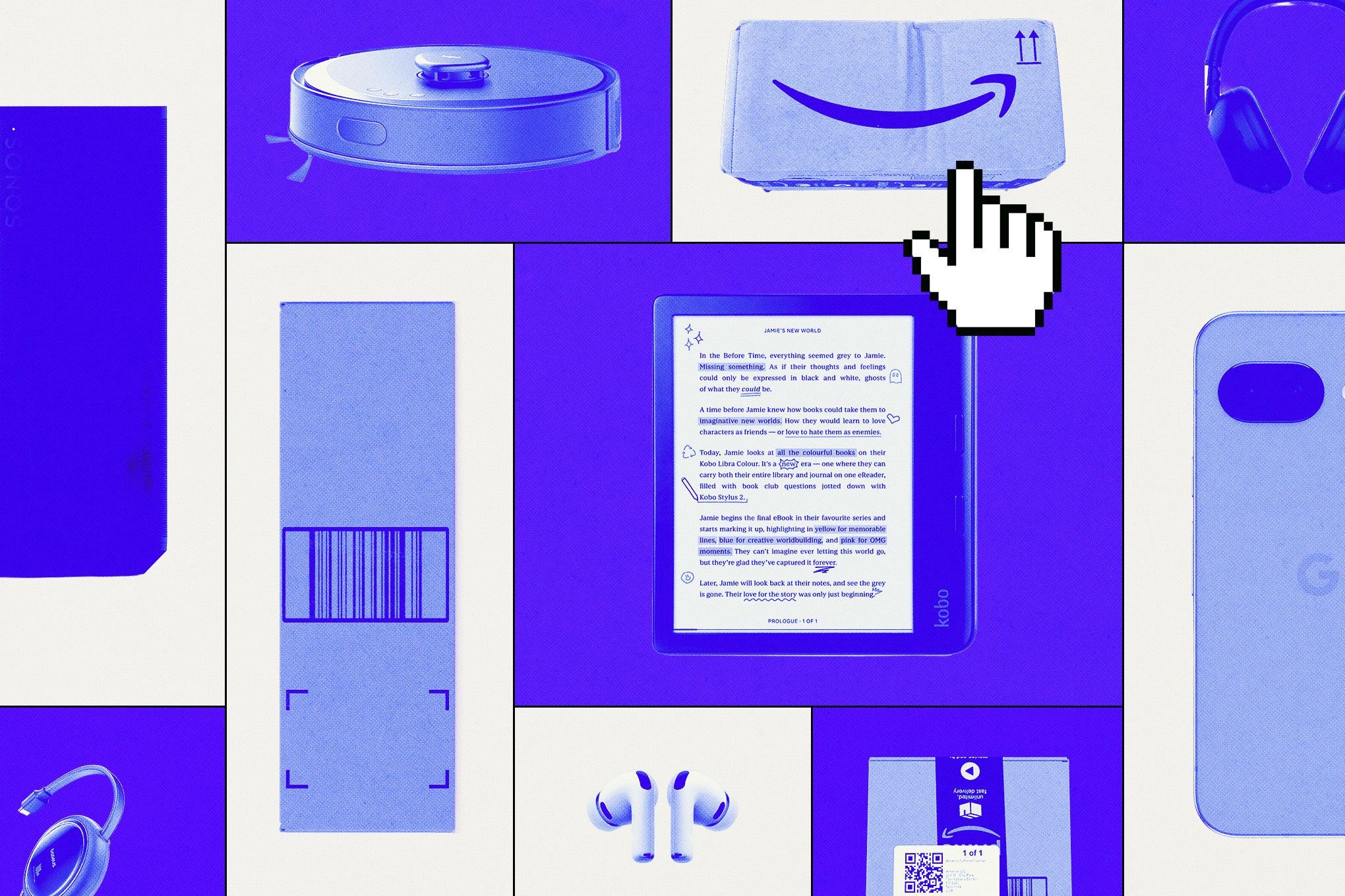 Tech gadgets, including an e-reader, on a blue-and-white background.