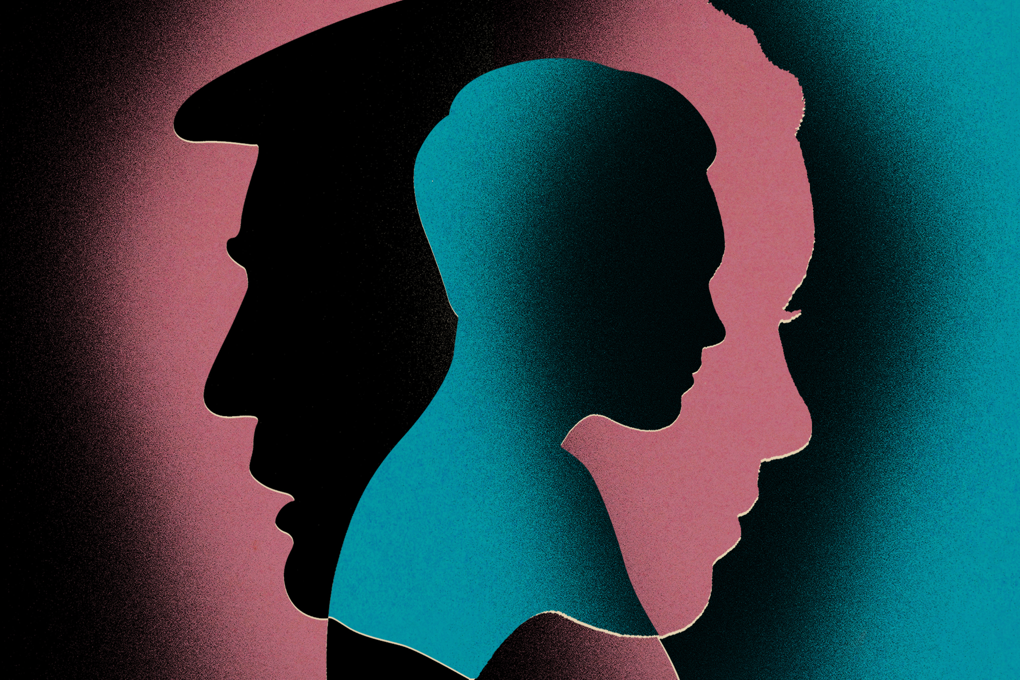 Illustration in overlapping silhouettes and soft gradient of a child, a parent, and Donald Trump.