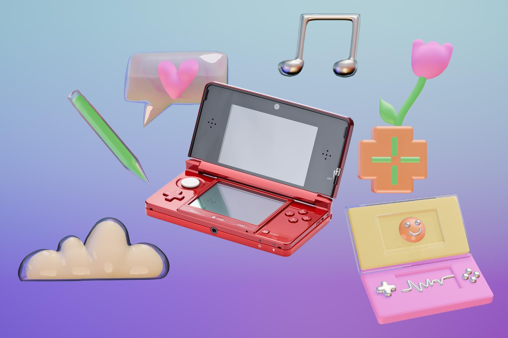 Nintendo 3DS surrounded by summery icons.
