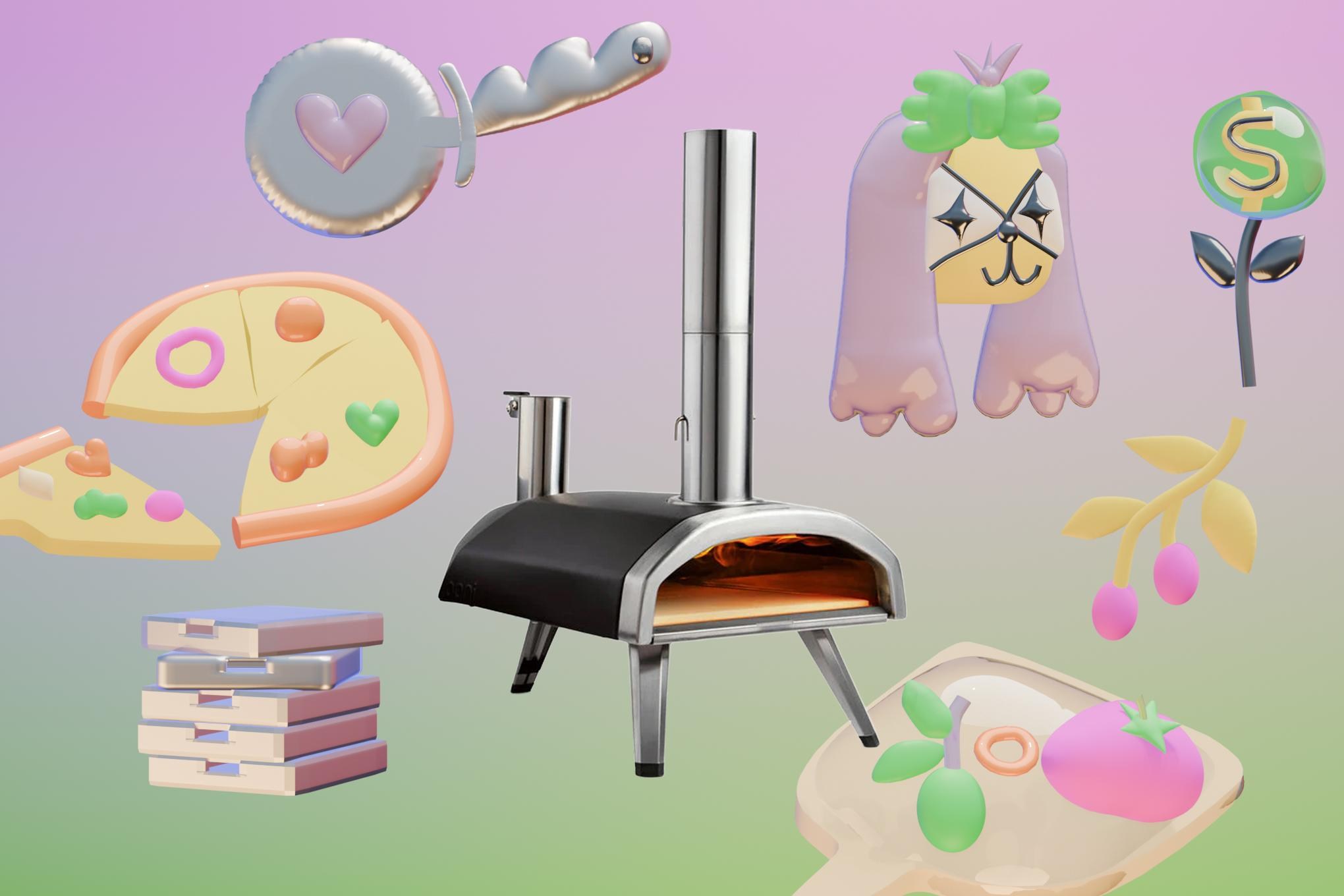 Ooni pizza oven surrounded by summery icons.