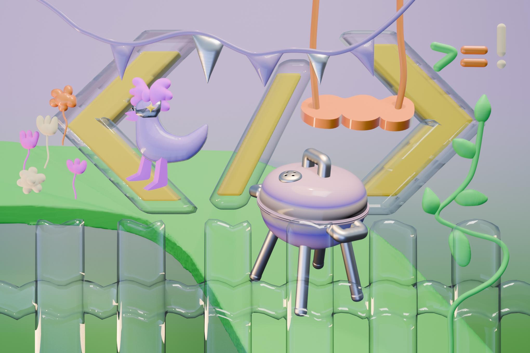 Image of a backyard with code brackets and a grill.