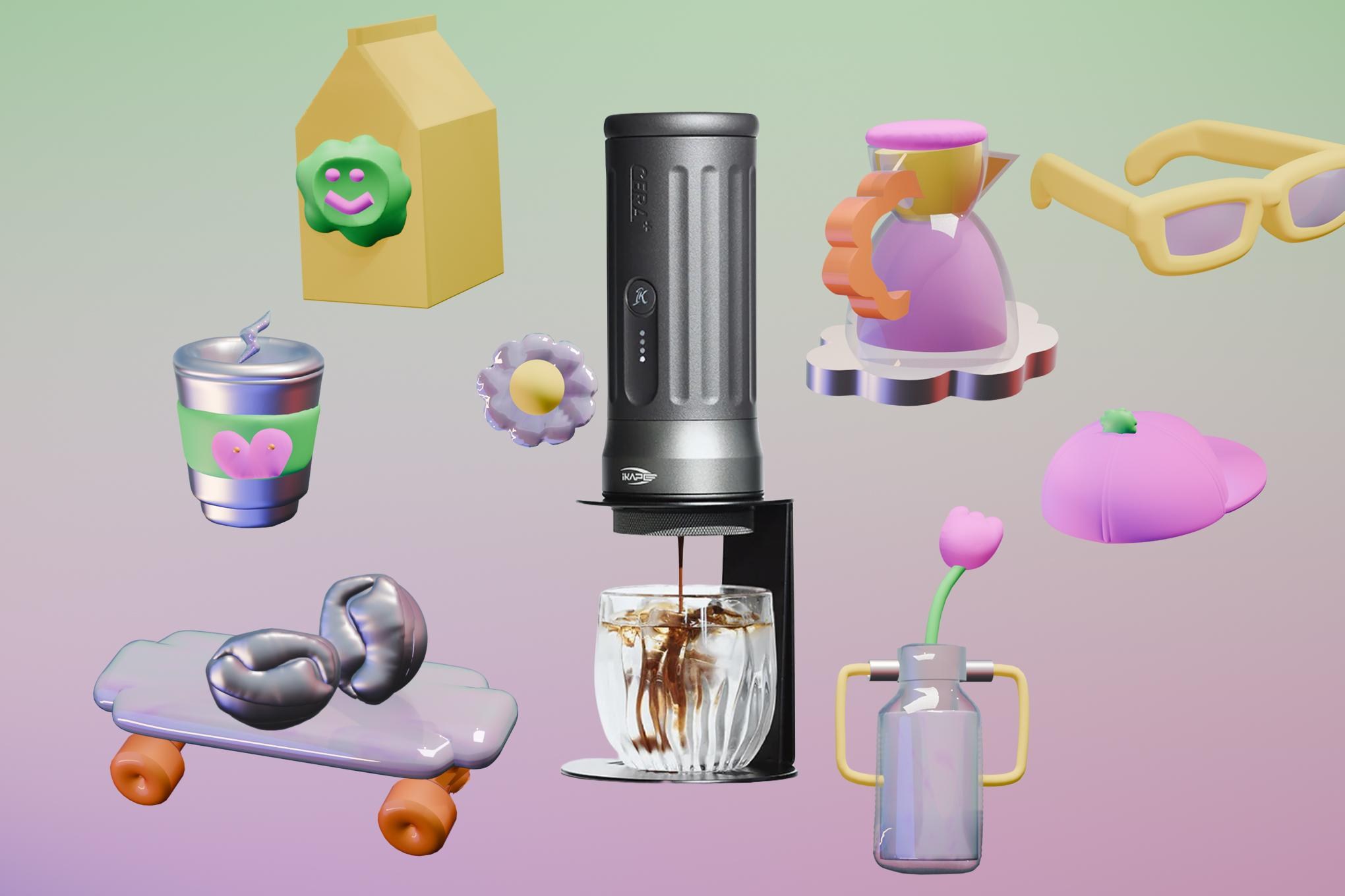 IKAPE Portable Coffee Maker on a graphic background.