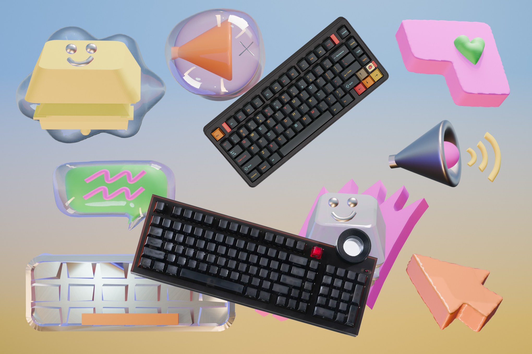 Keyboard surrounded by summery tech icons.