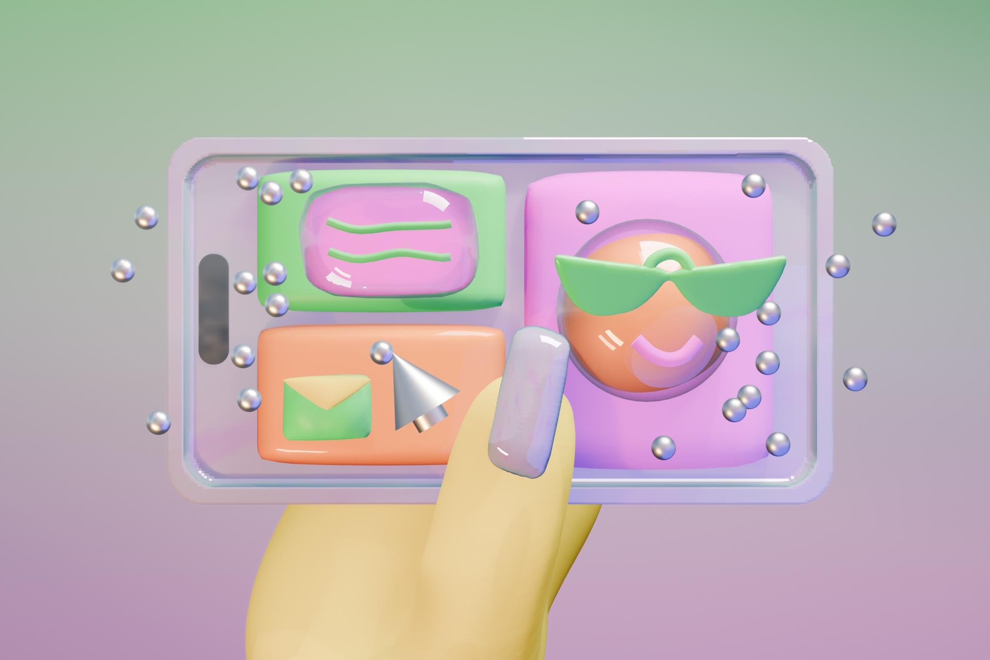Hand holding a phone covered in anti-nausea dots.