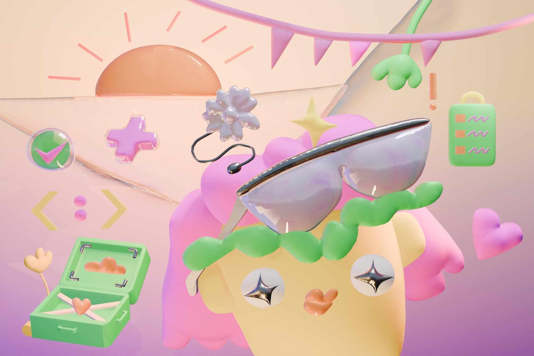 Summery tech icons and a girl with sunglasses in front of a big sun.