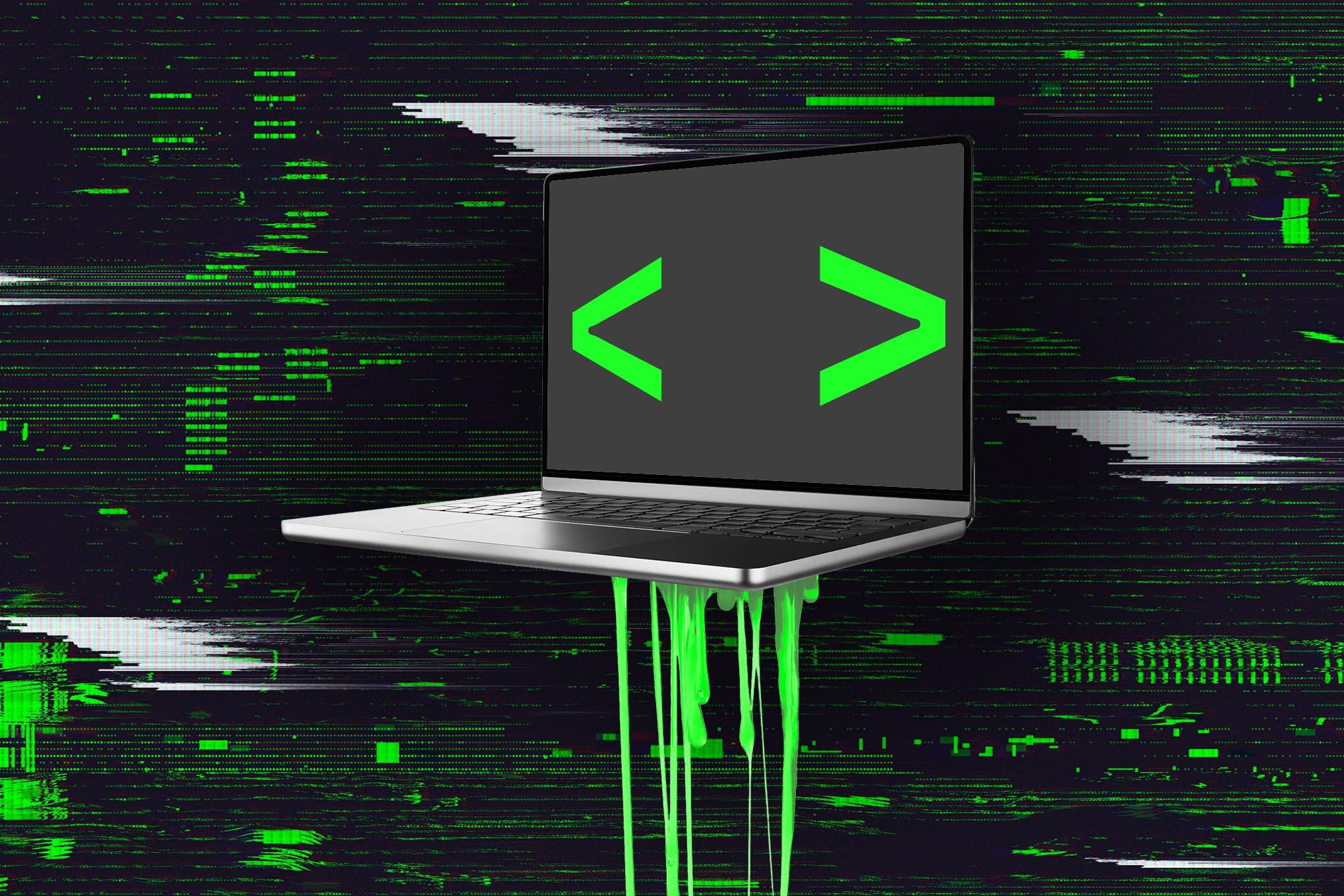 An illustration of a laptop coding in front of green code and it’s melting