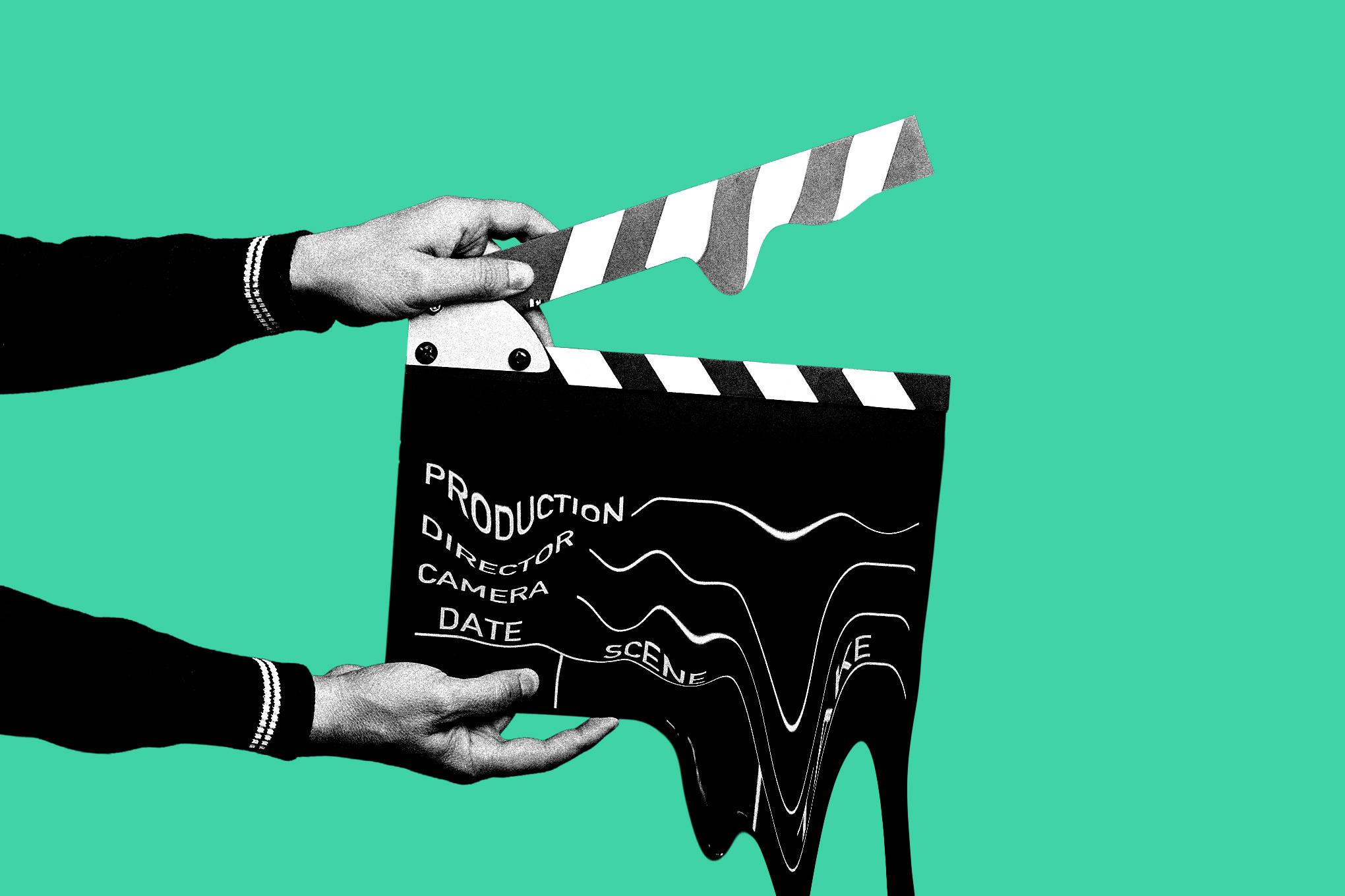 A photo illustration of someone holding a clapper on a film set that appears to be melting.