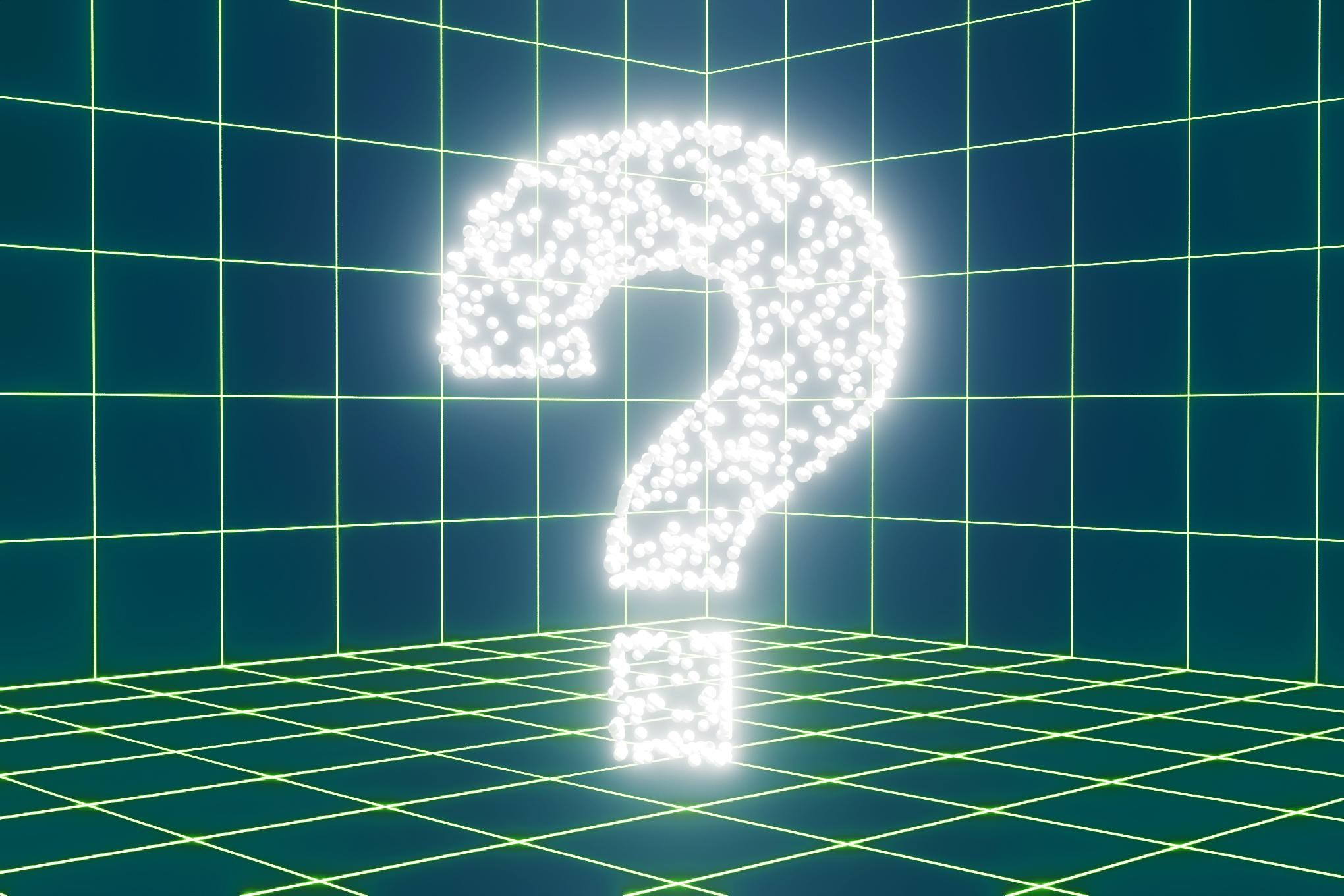 Question mark made of qubit particles in a digital space.