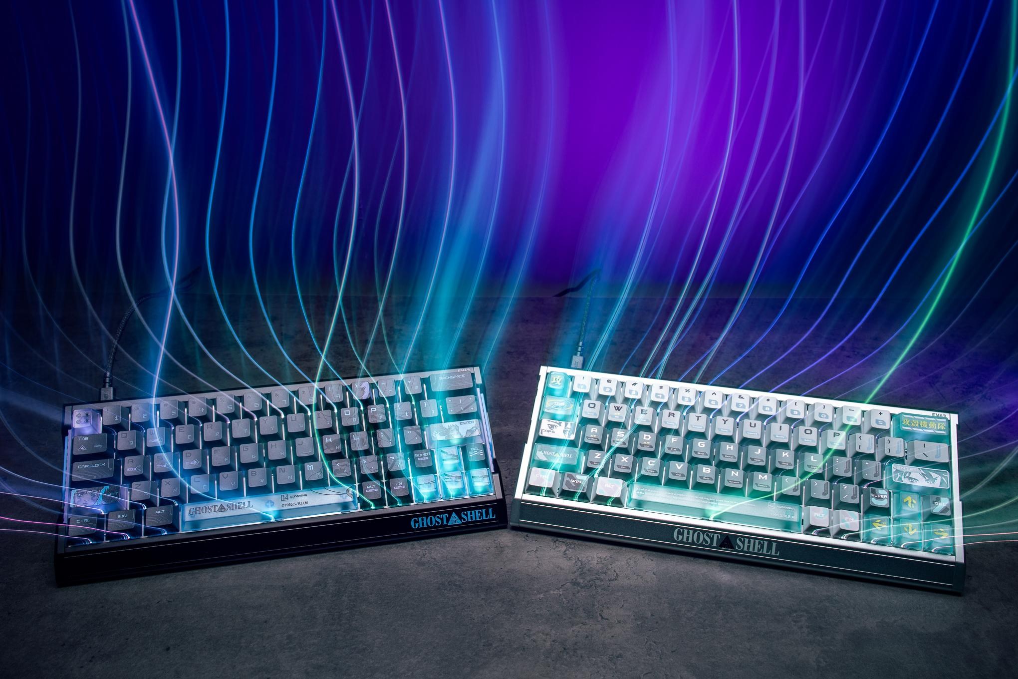 Two Iqunix EV63 Ghost in the Shell Edition mechanical keyboards — cyber blue (left) and shell core (right) — on a gray table top with a purple background. The colorful backlighting of the keyboards extends upwards as ghostly streaks of light, extending to the top of the image in a sweeping motion. The effect is the result of a long-exposure camera trick.