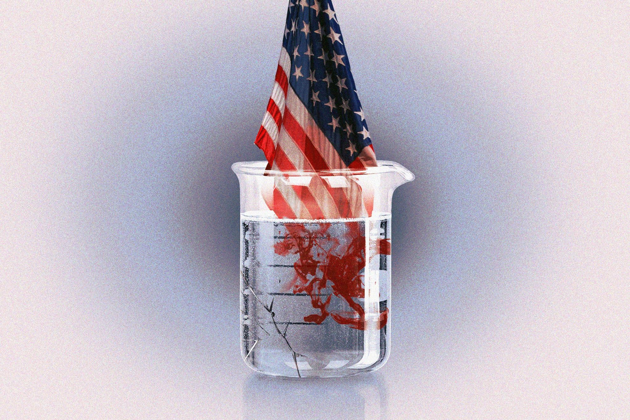 Science beaker breaking while an American flag dissolves in water, looking like blood