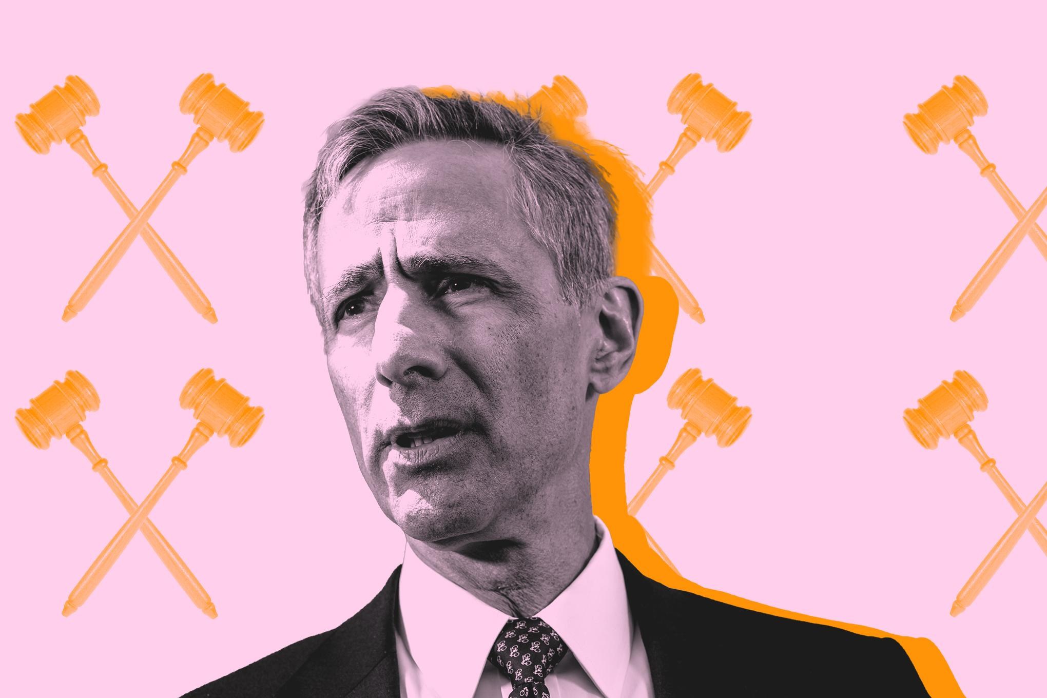 A photograph of Bill Savitt, in black and white, against a pink background with orange gavels