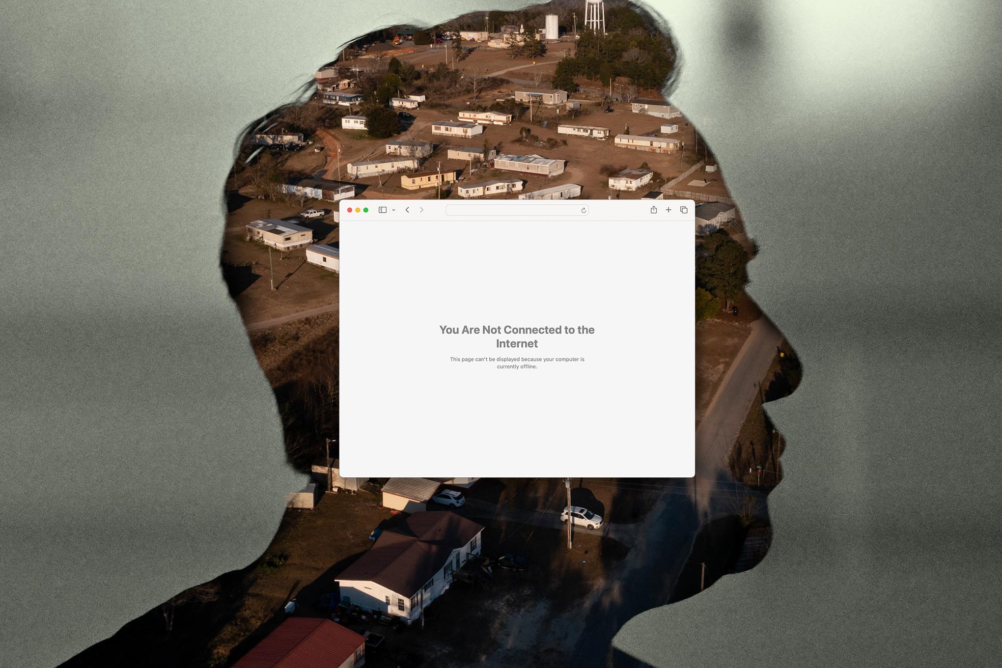 collage style illustration of a silhouette of Elon Musk with a internet error