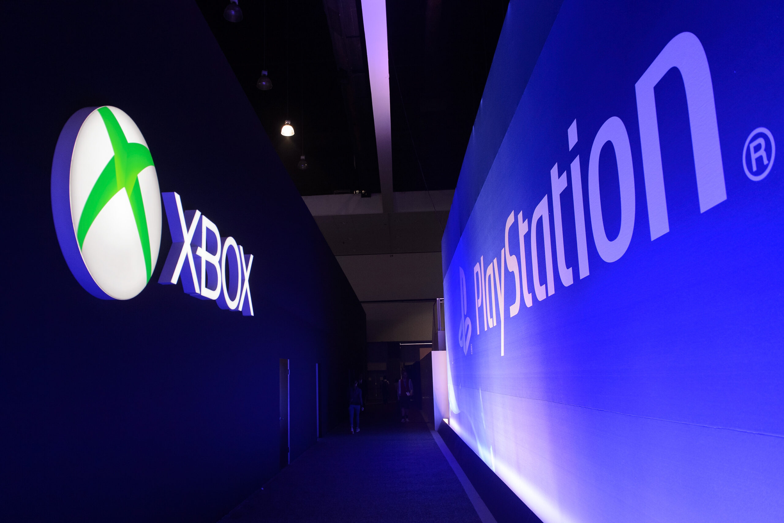 The Xbox and PlayStation booths facing each other at E3
