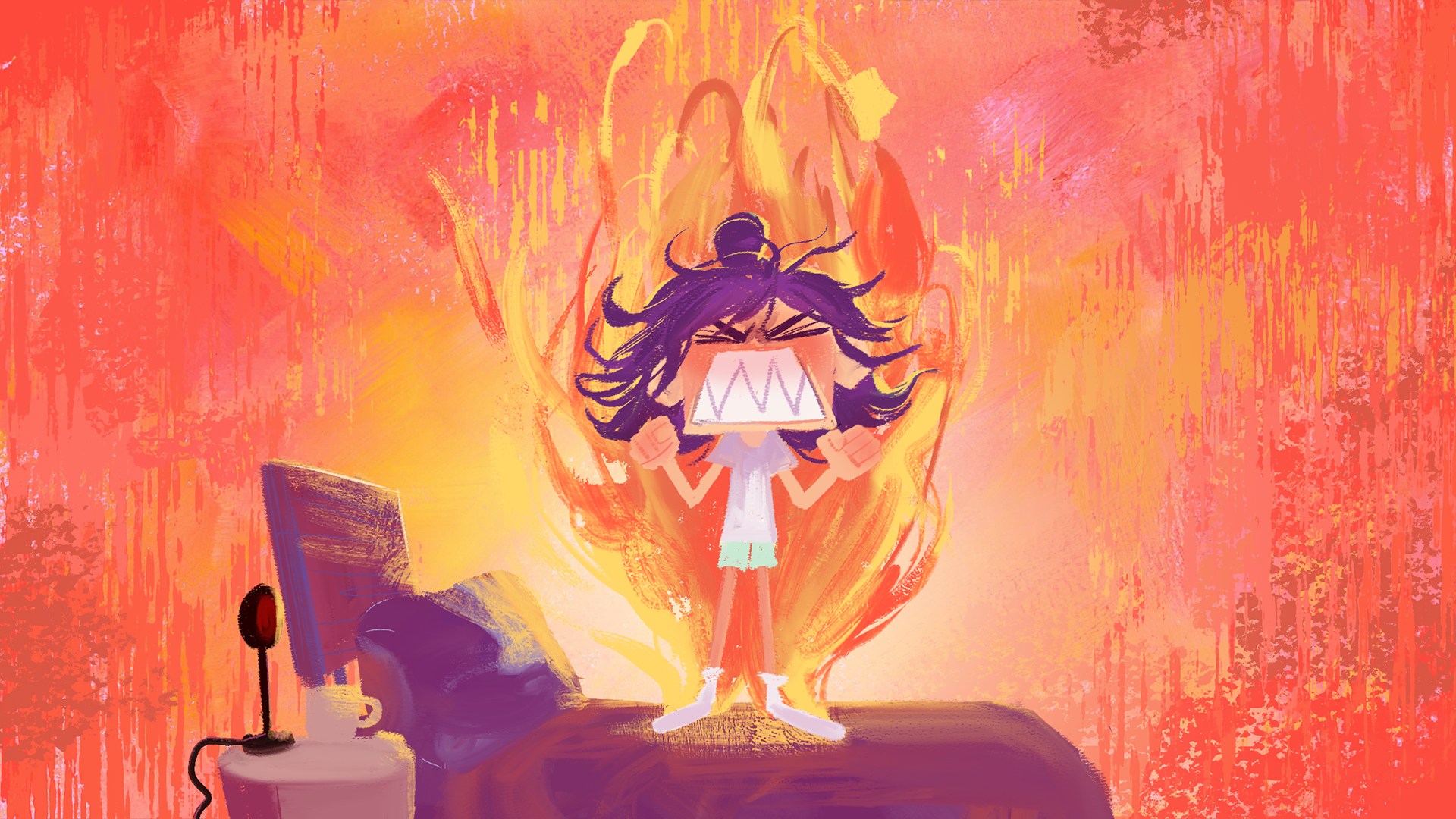 An illustration of a young woman standing on a bed. The woman is grimacing and engulfed in a flaming aura.