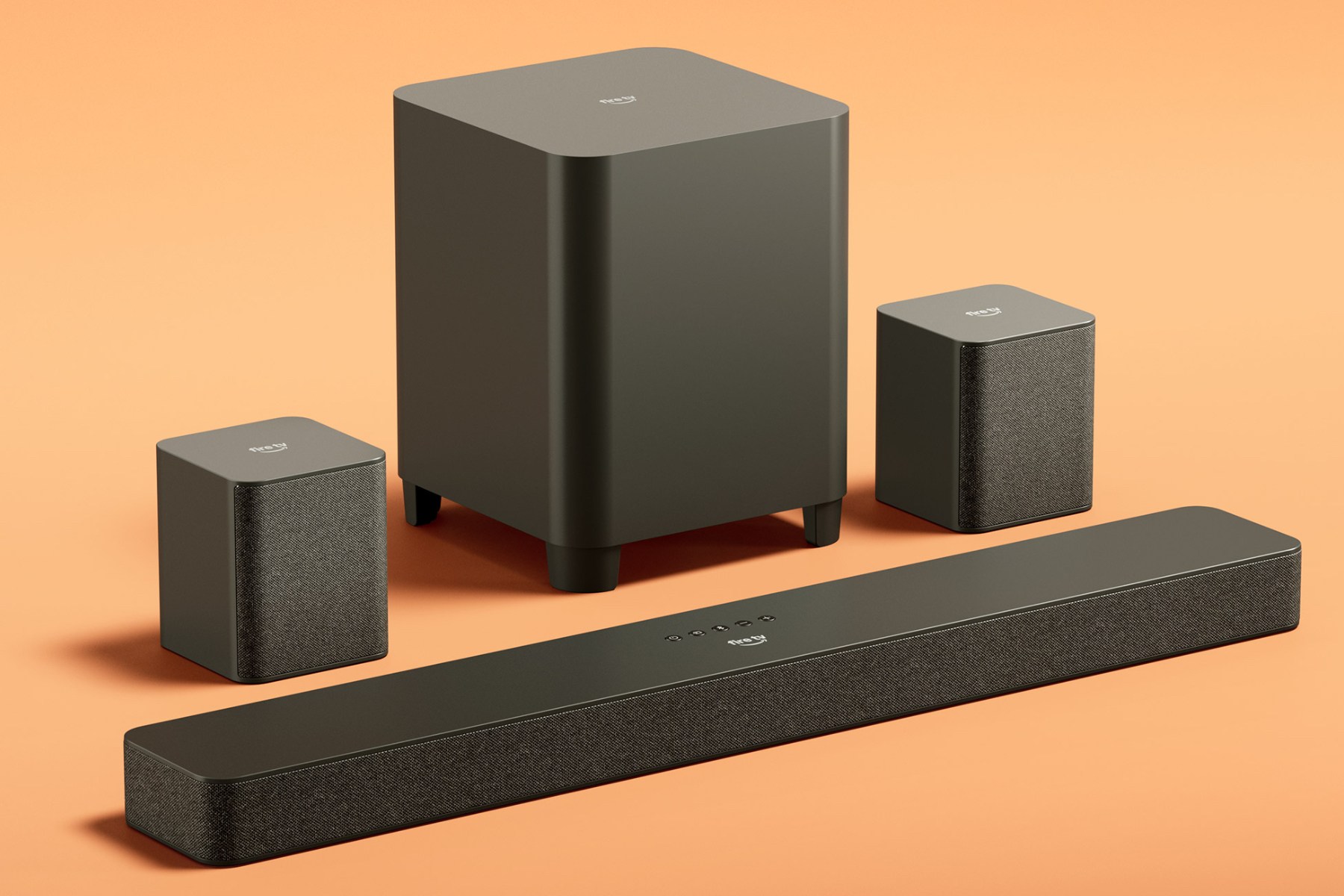 Amazon's Fire TV Soundbar Plus on an orange background.