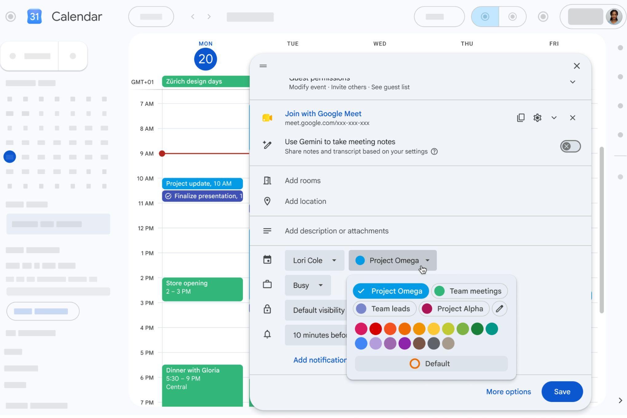 Google Calendar’s new event color expansion, now showing 24 default color options.