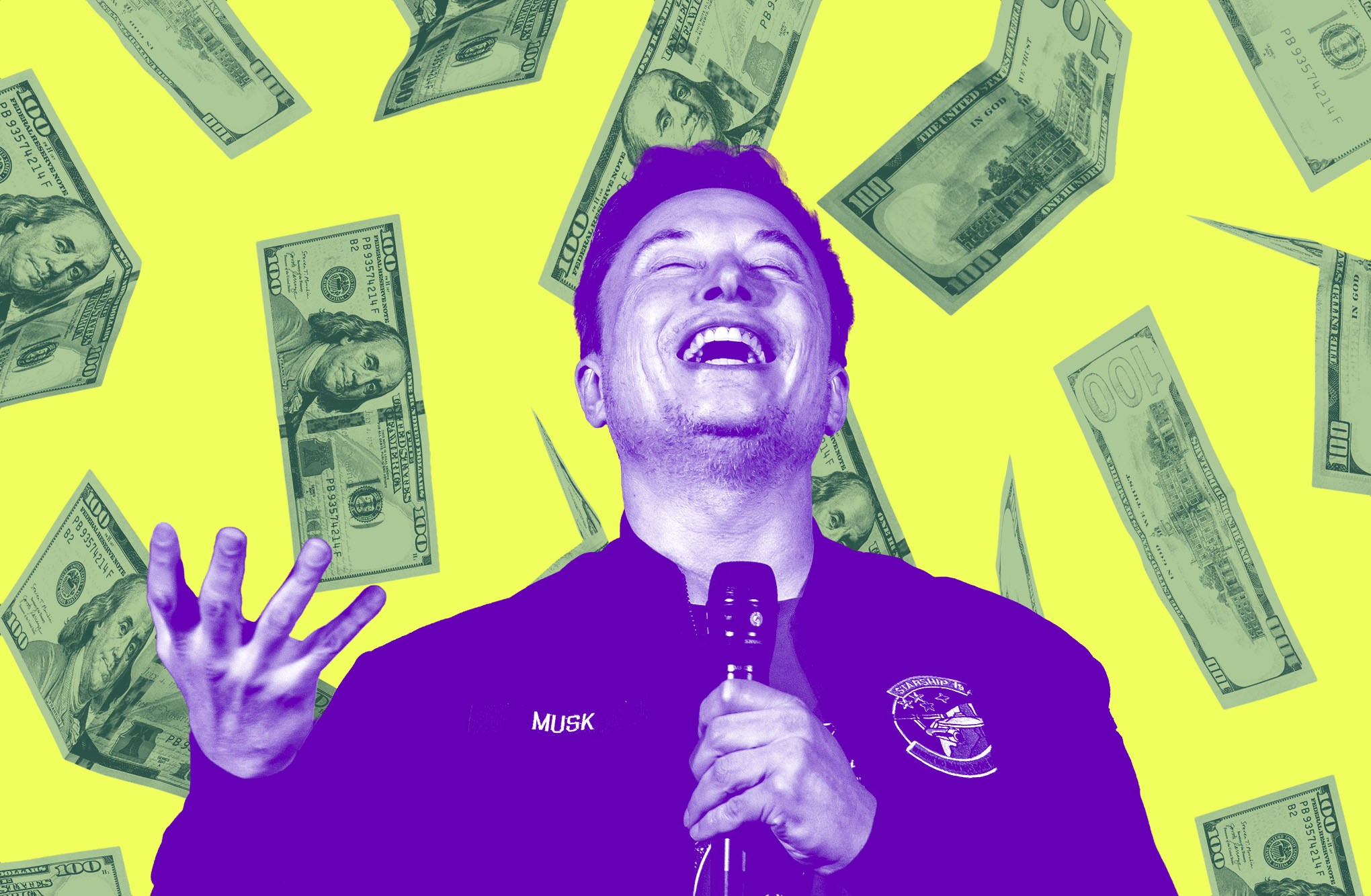 Elon Musk in front of a background of falling money.