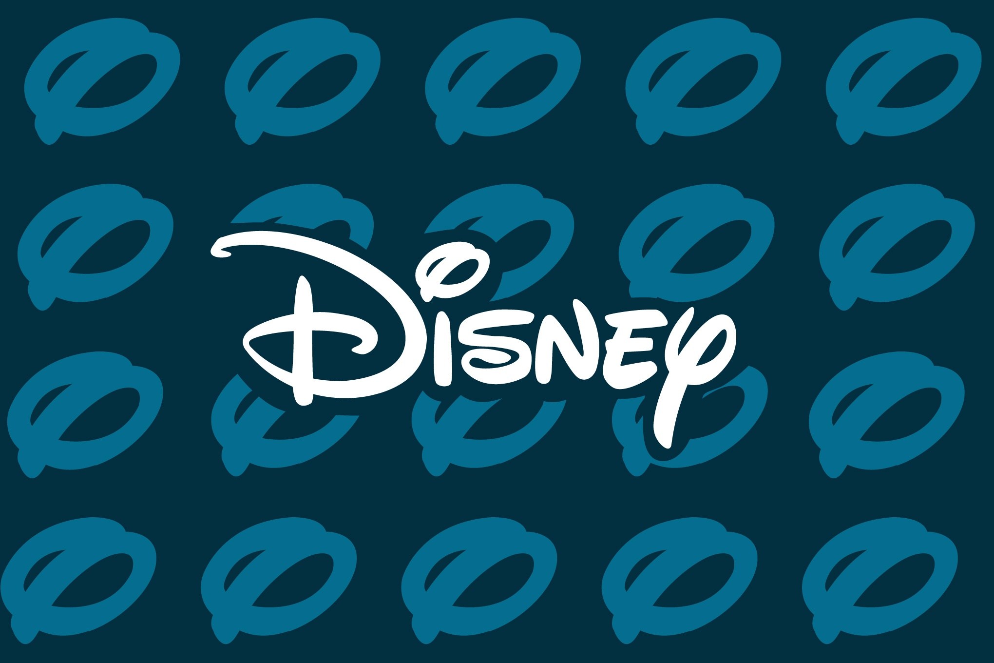 Disney logo on a background with repeating images of the dot that’s above the “I” in Disney.