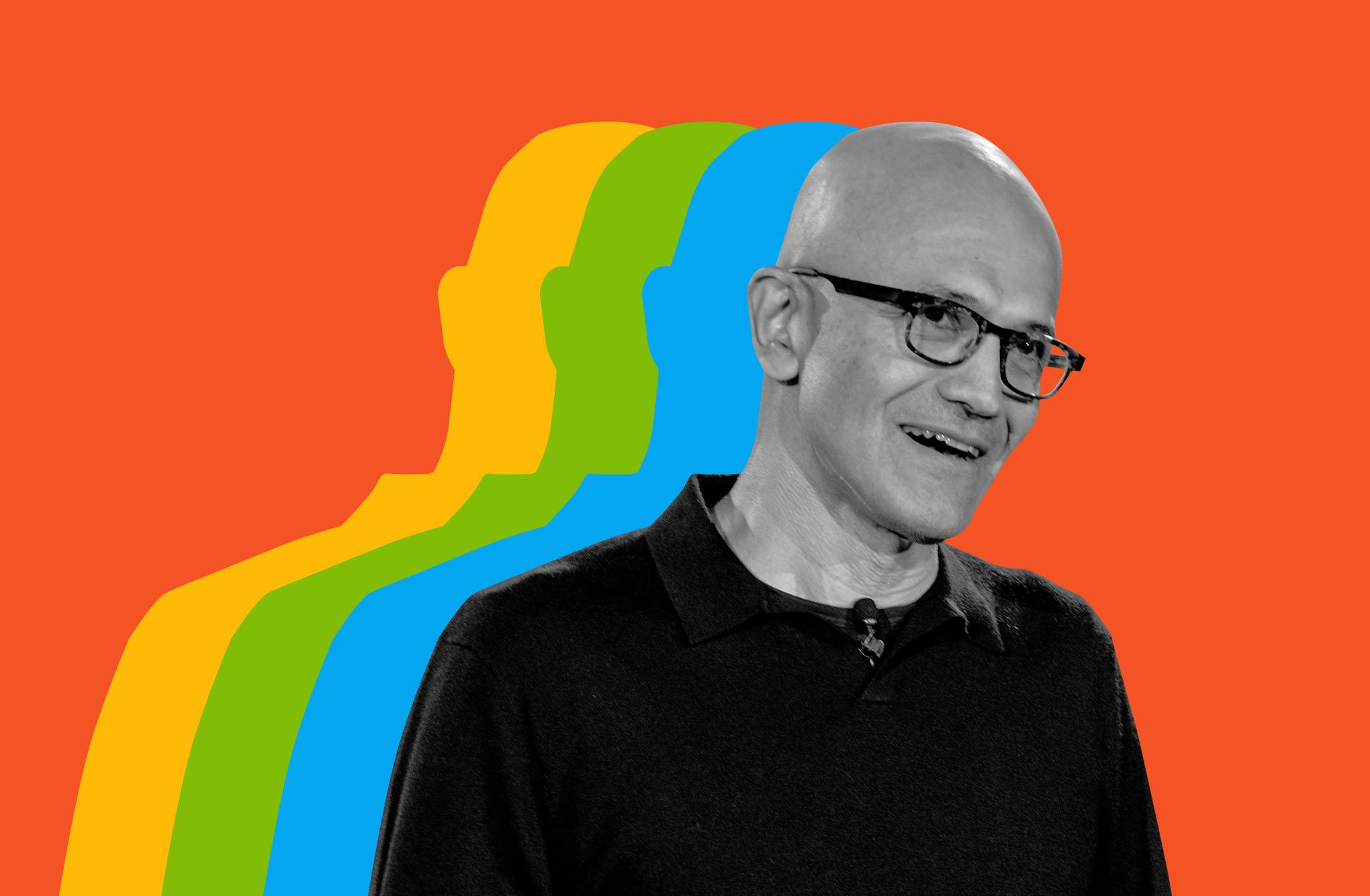 Satya Nadella on a graphic background of the red, blue, green, and yellow.