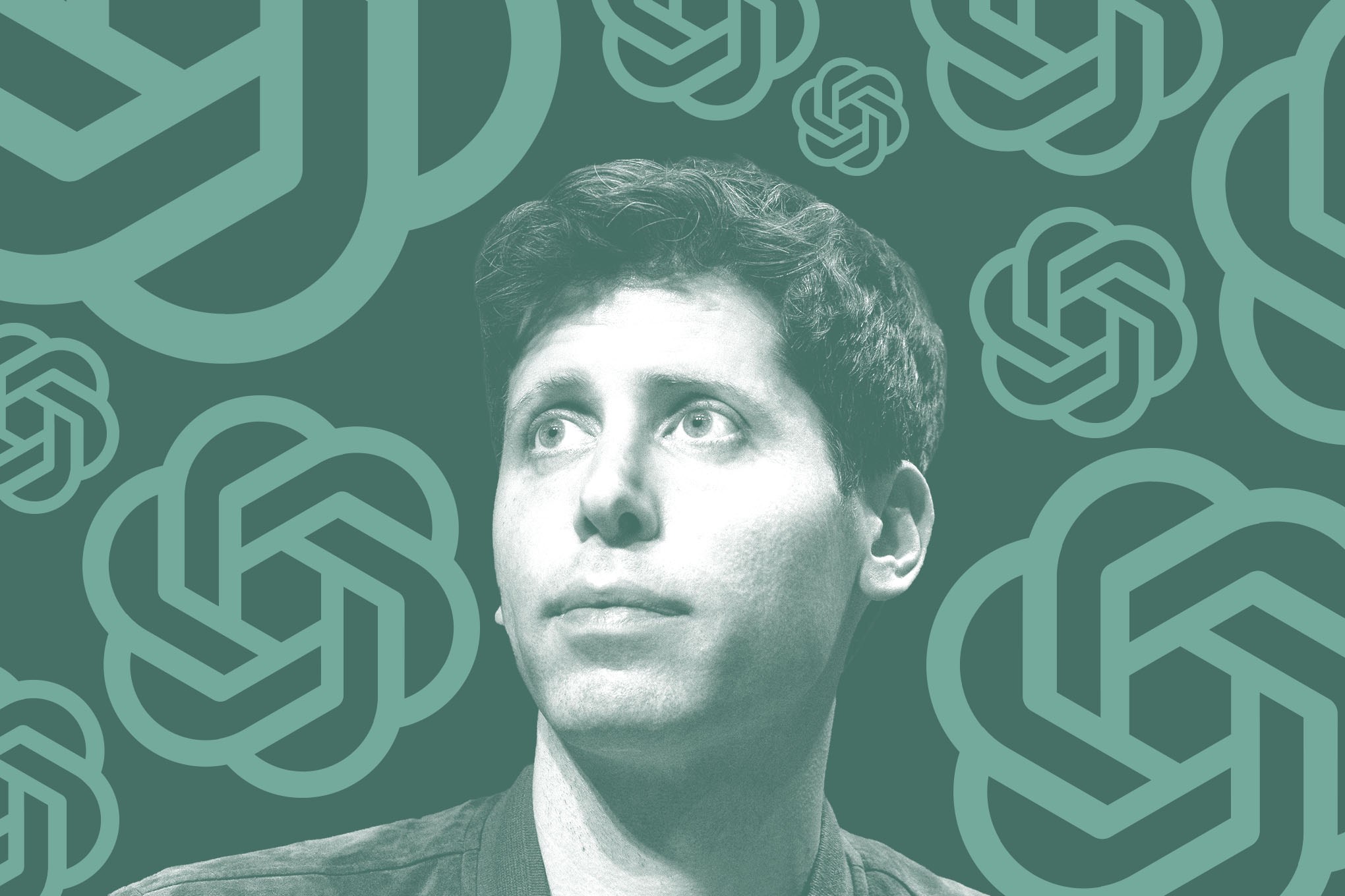 Sam Altman with OpenAI logo on green background.