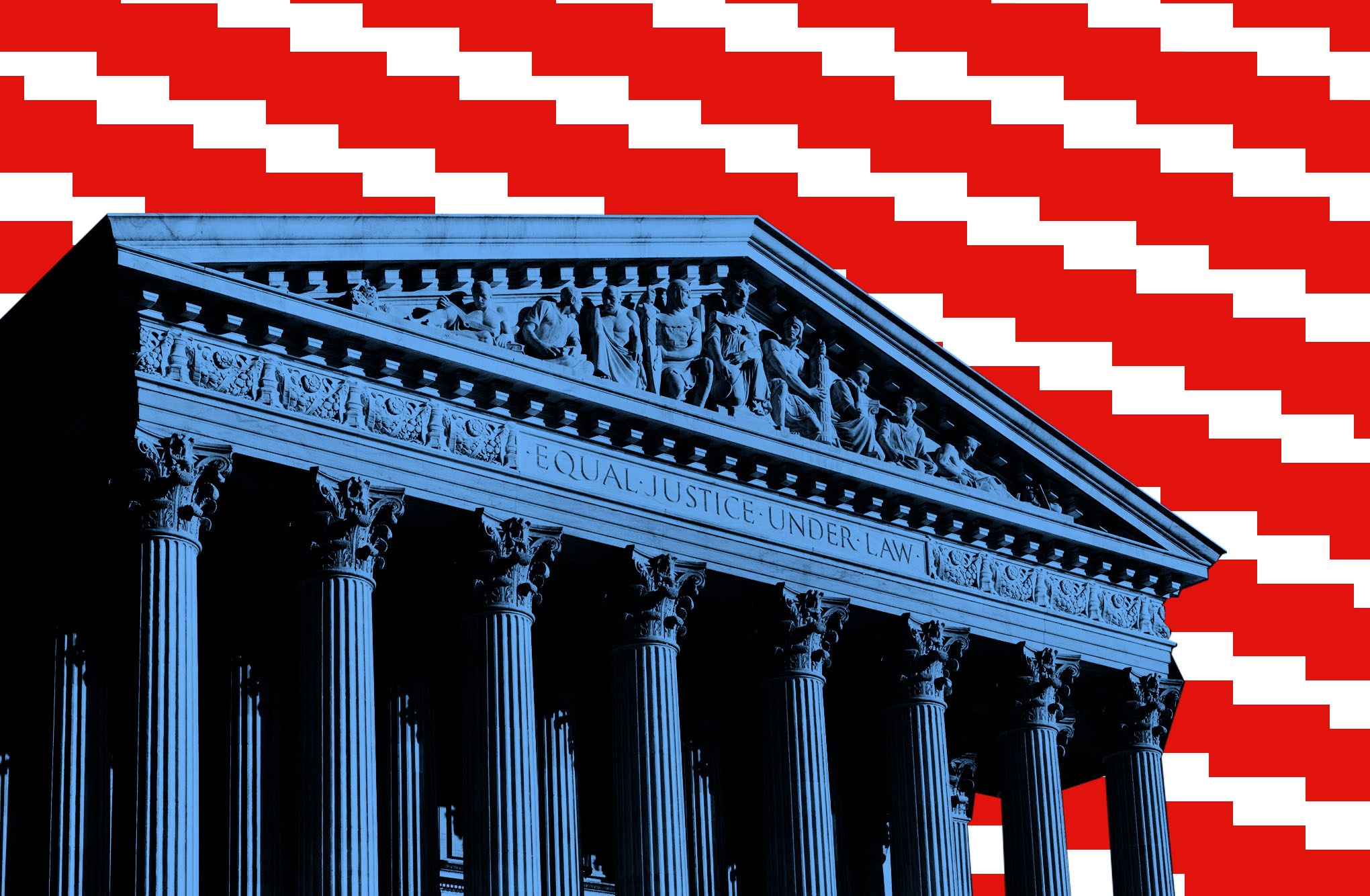 Photo illustration of the Supreme Court building with pixelated red and white stripes.