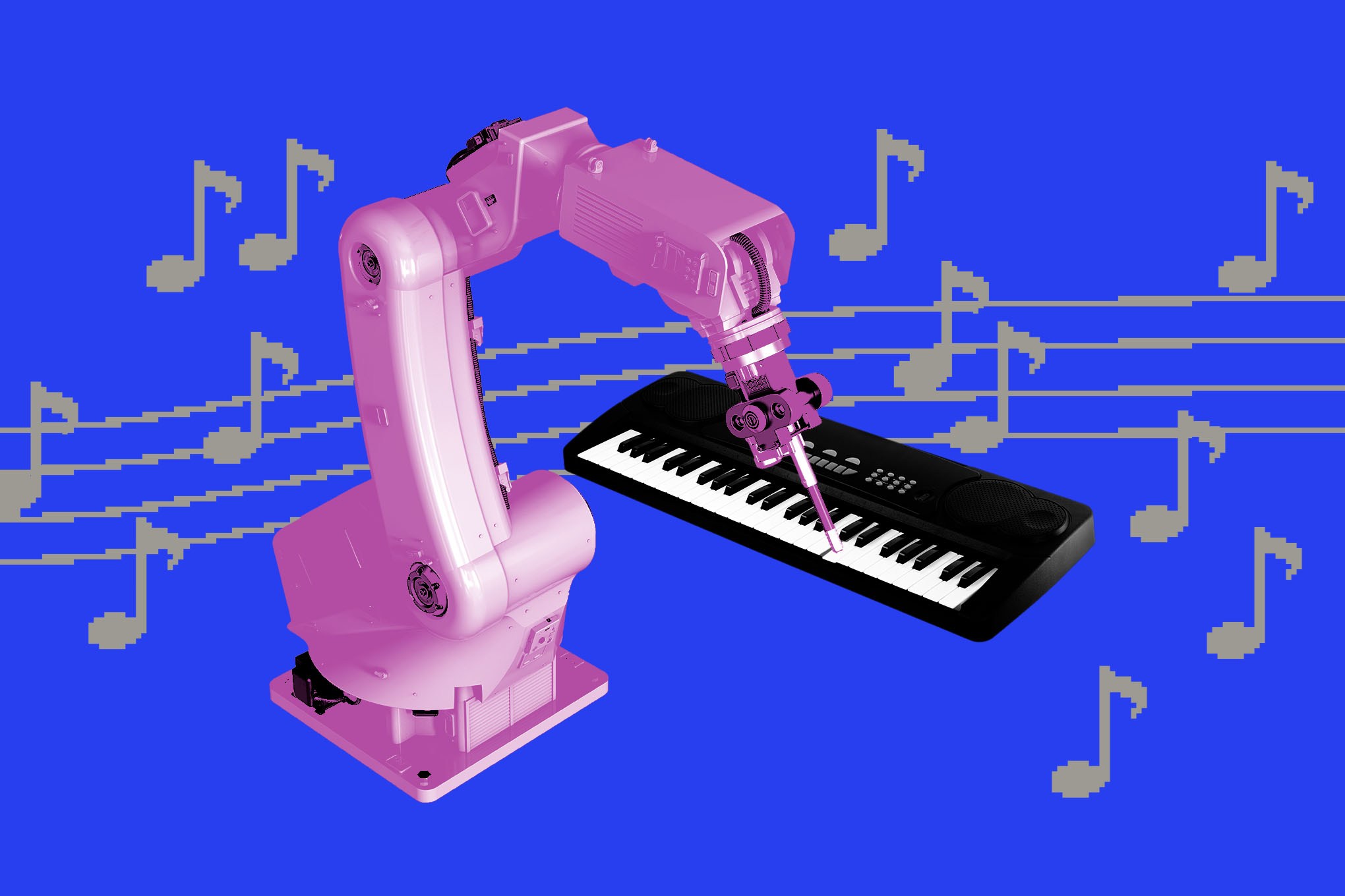 Keyboard with a robotic arm playing it