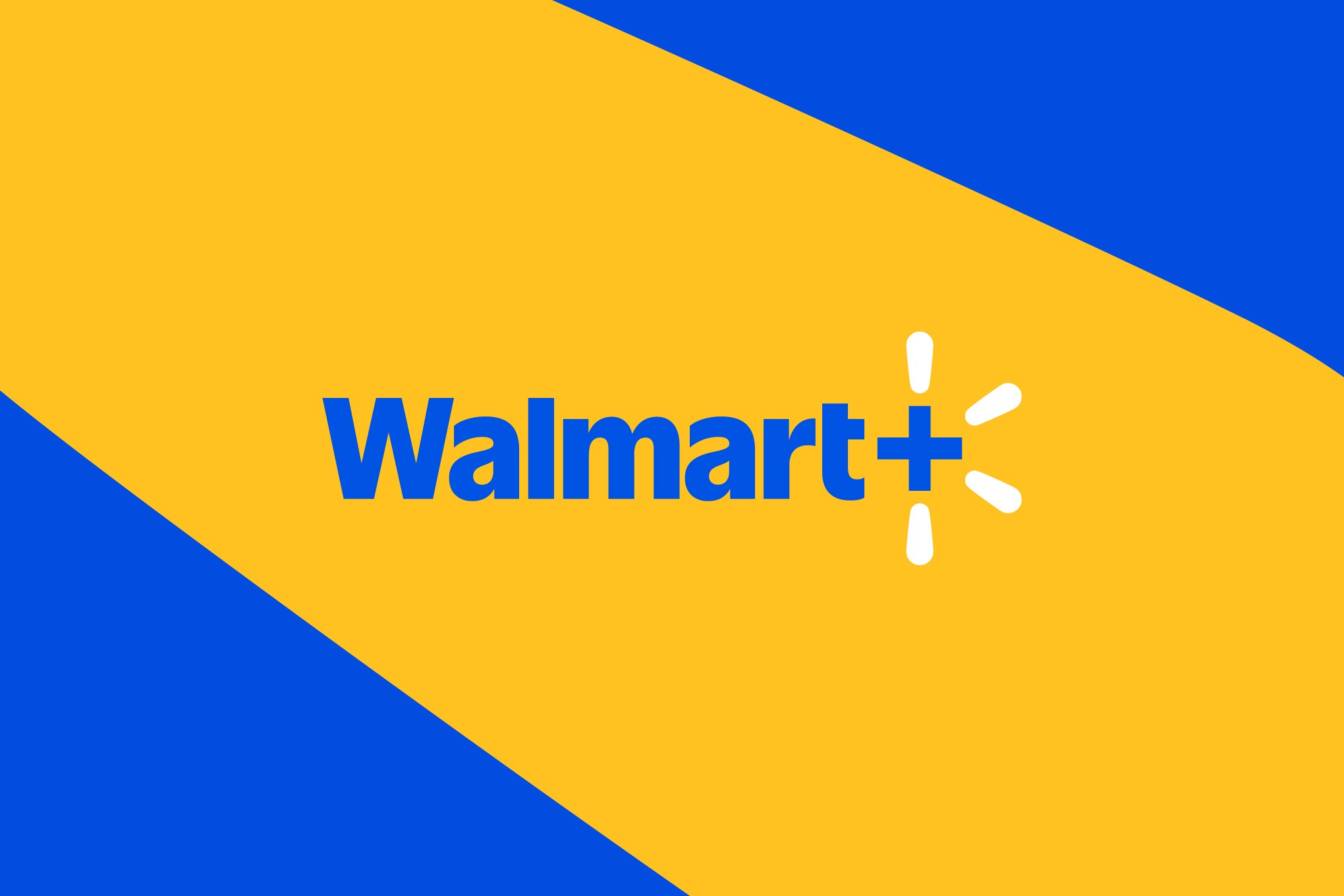 Walmart Plus logo on a graphic blue and yellow background.