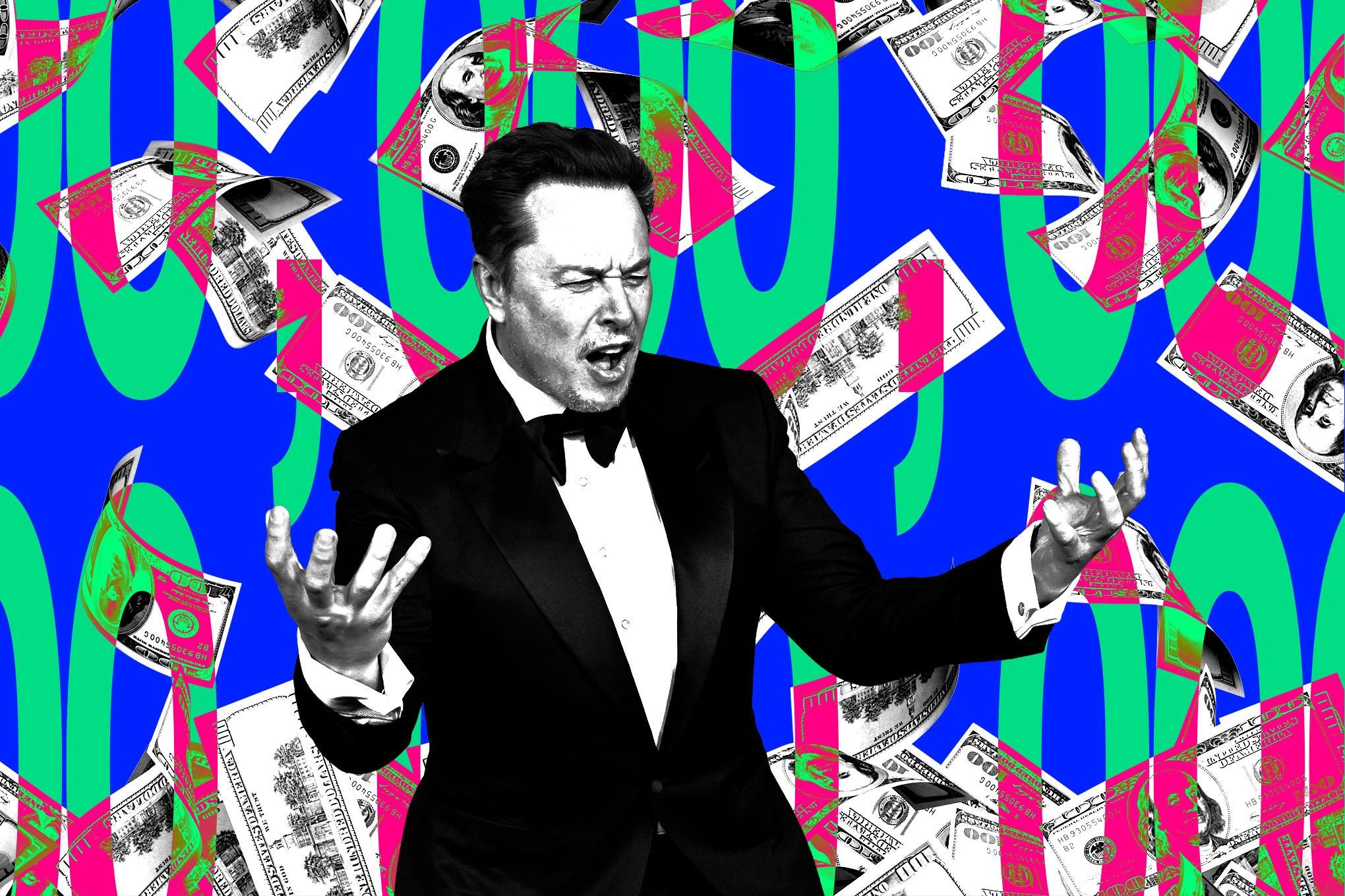 Elon Musk with zeros and money falling from the sky.
