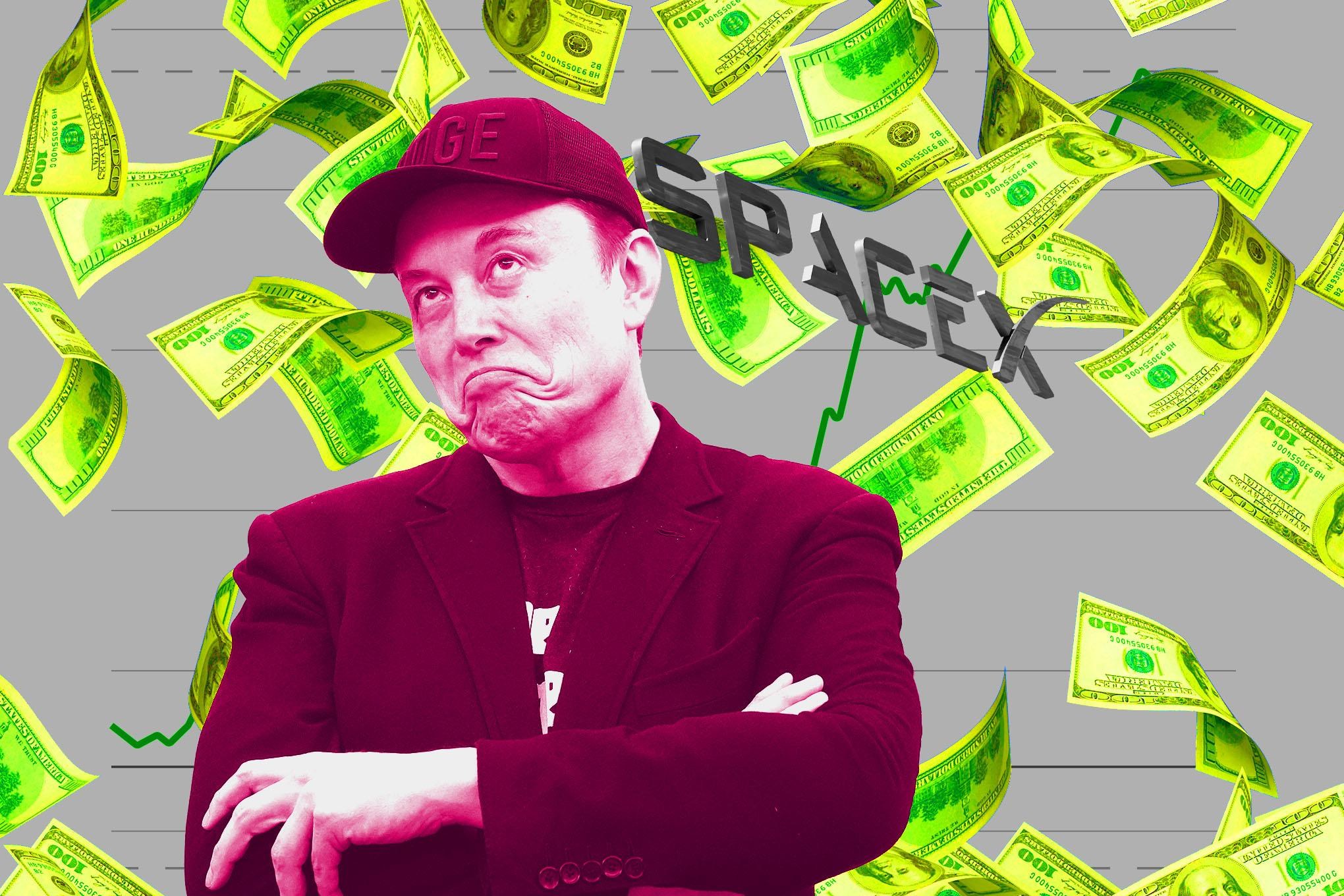 Elon Musk with big green arrow pointing up and money falling from the sky.