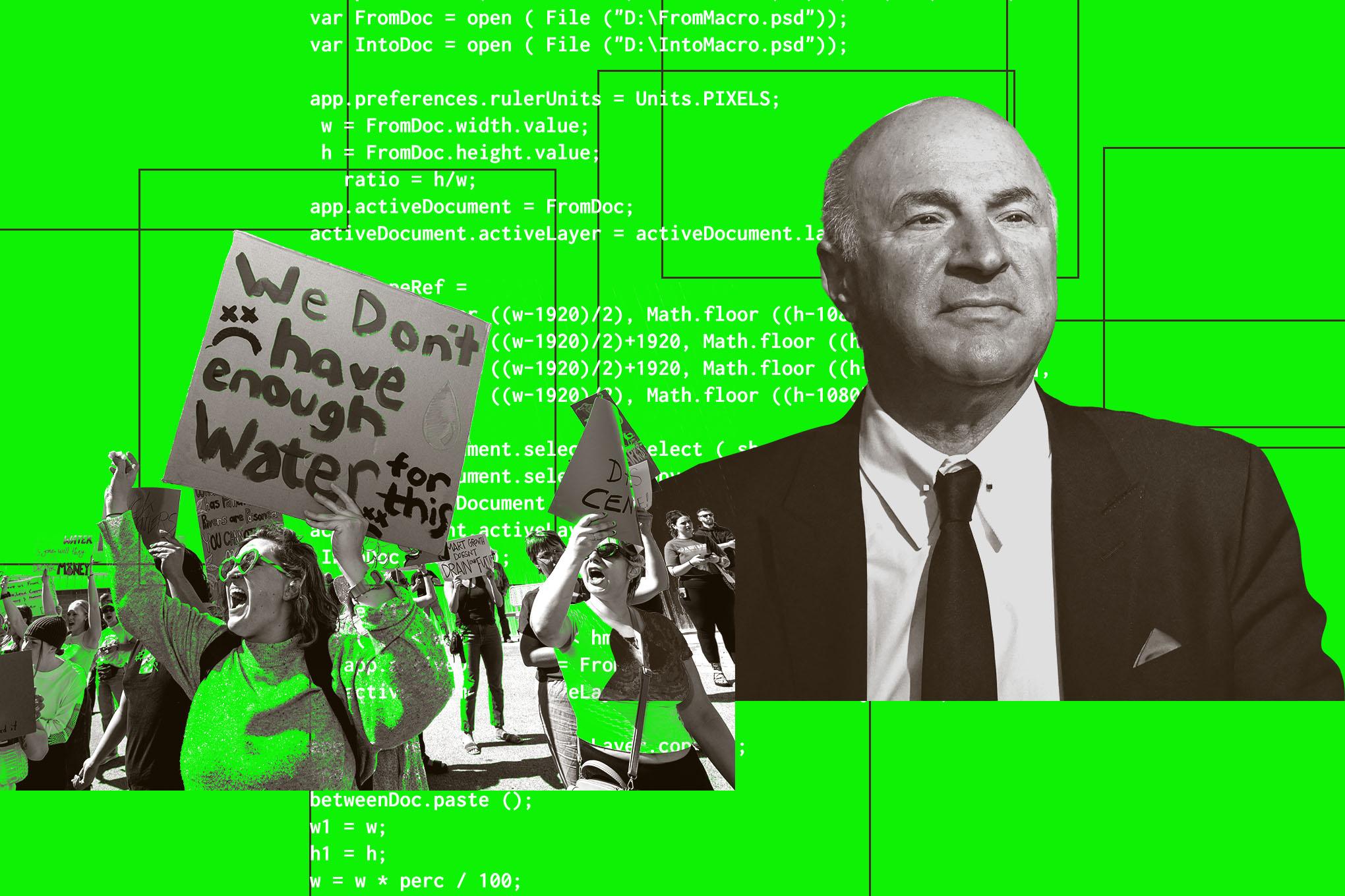 Kevin O’Leary on a graphic green background with data center protestors.