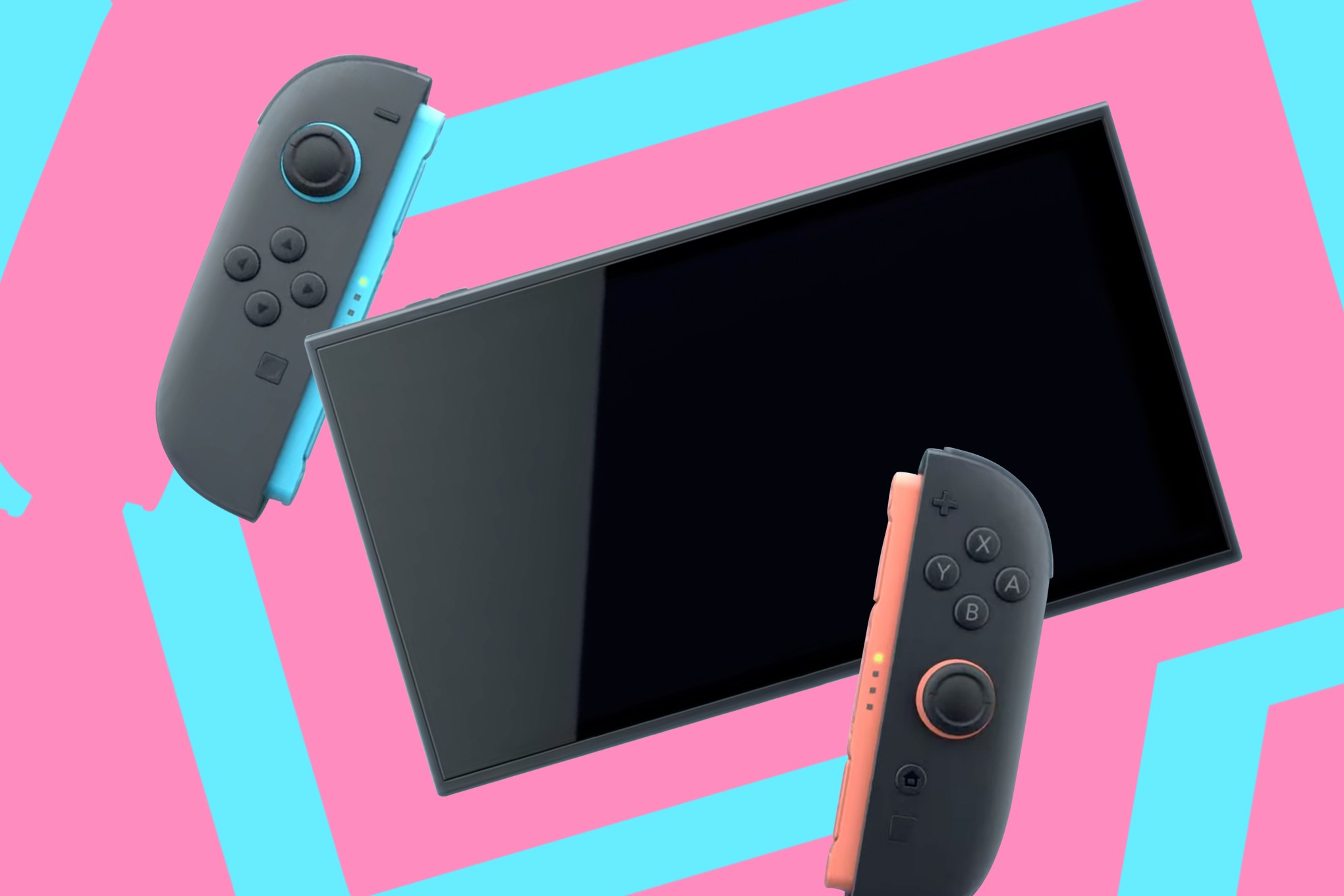 Nintendo Switch 2 with the Joy-Cons detached on a pink and blue background.