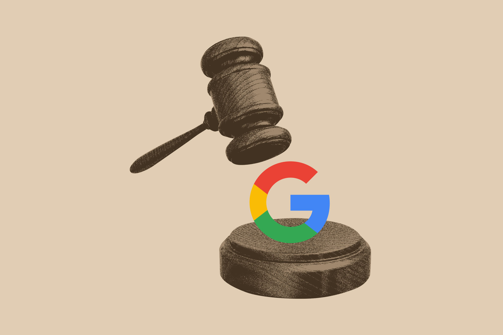 An image of a gavel coming down on a Google logo