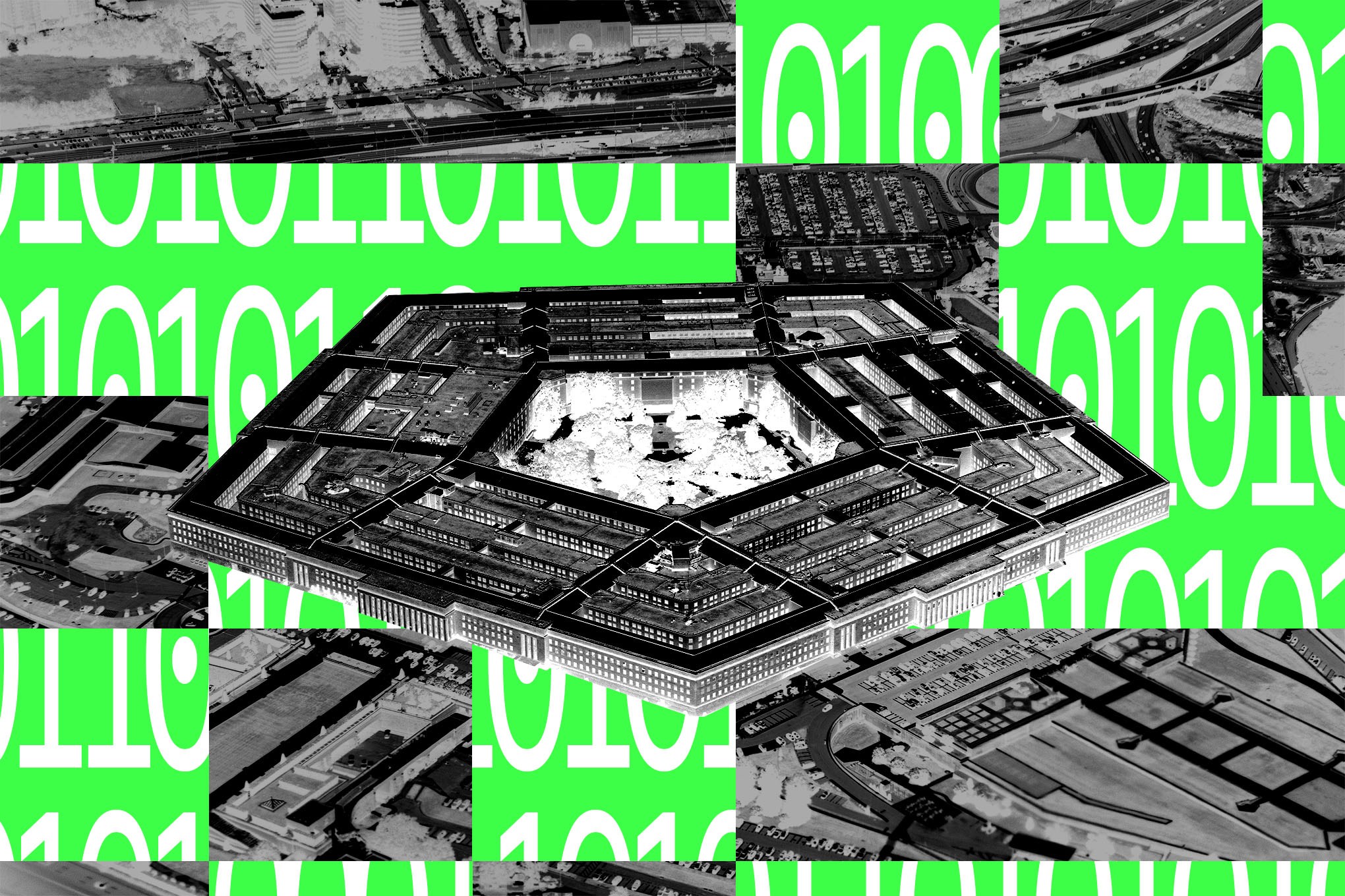 Collage of the Pentagon in Washington DC with binary code in the background.
