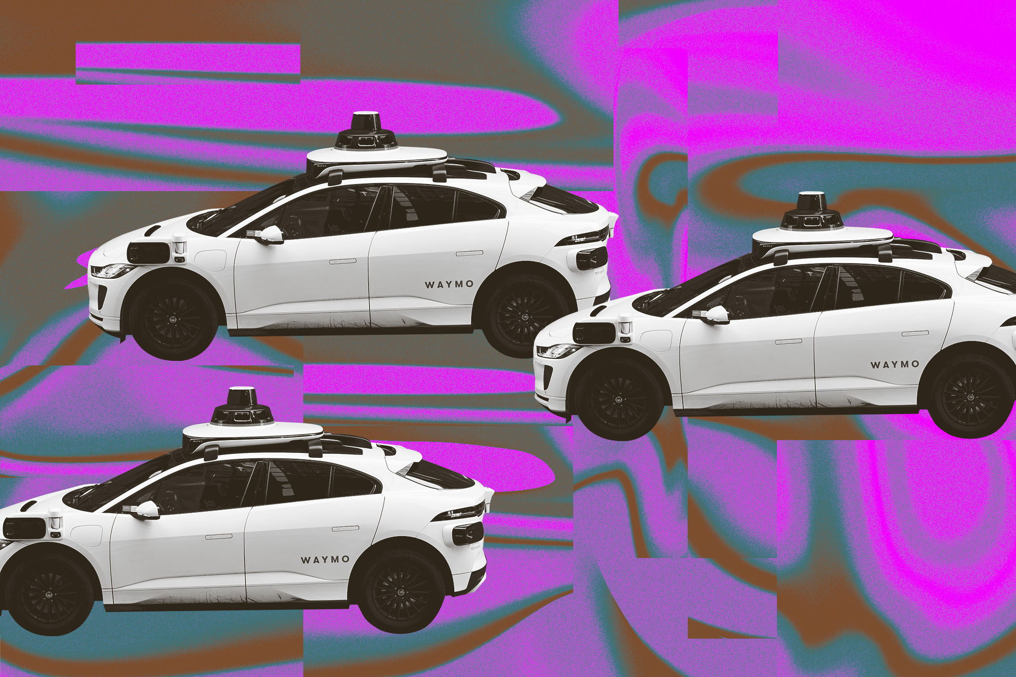 Waymo taxis on a bright pink and green background.