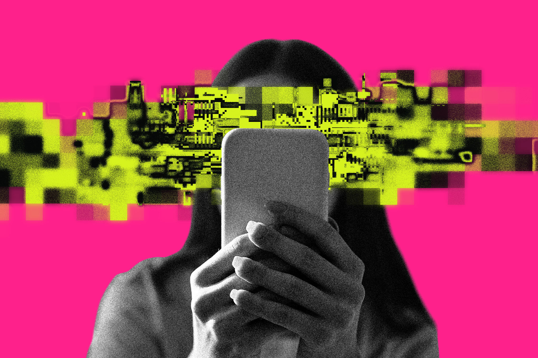 Teen using social media on cell phones on a graphic pink background.