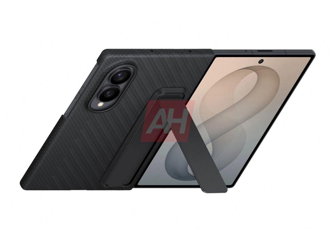 A leaked image of the Samsung Galaxy Z Fold 8 Wide, in a black case with a folding stand.