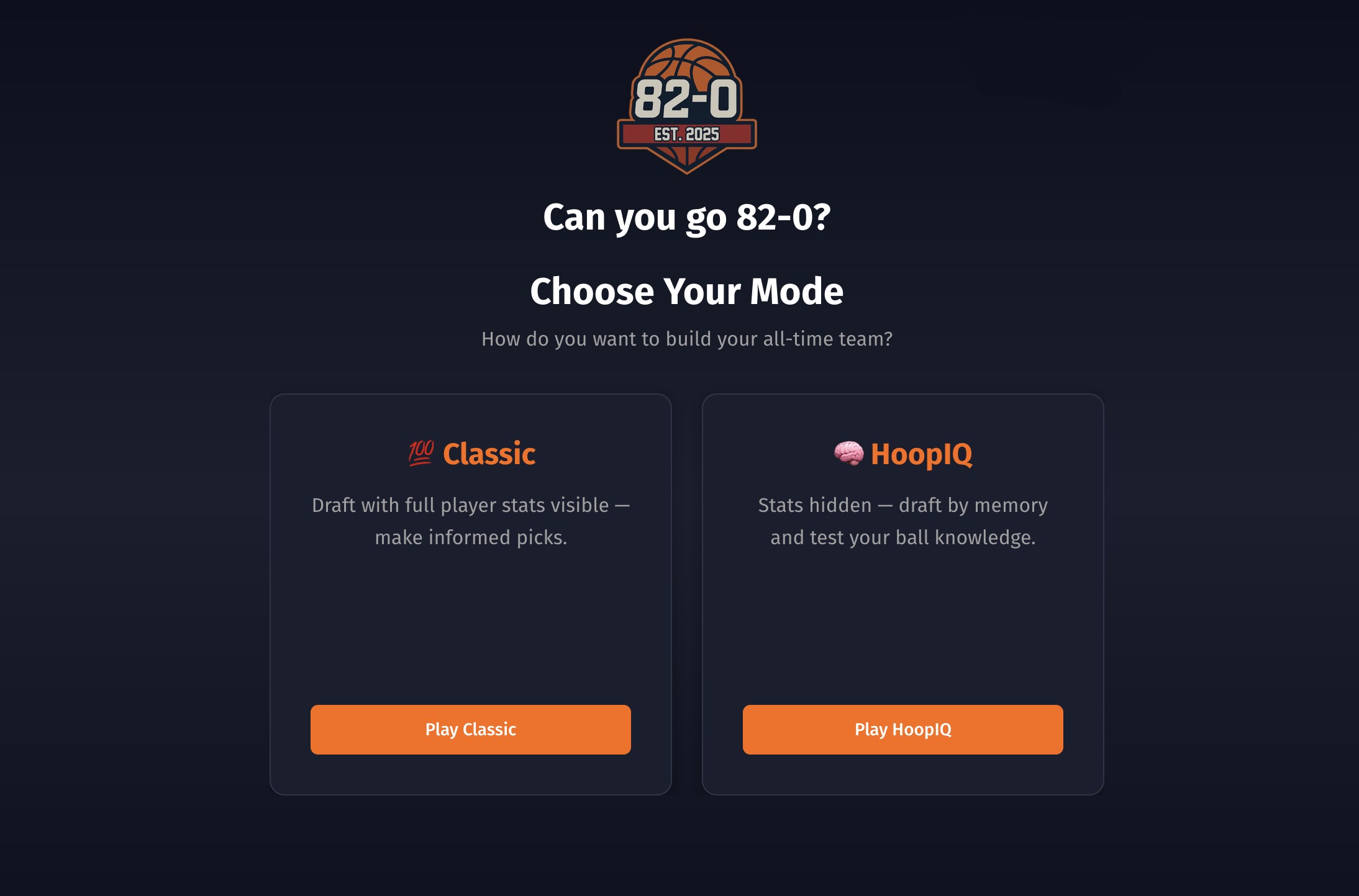 The homepage of fantasy basketball game 82-0.