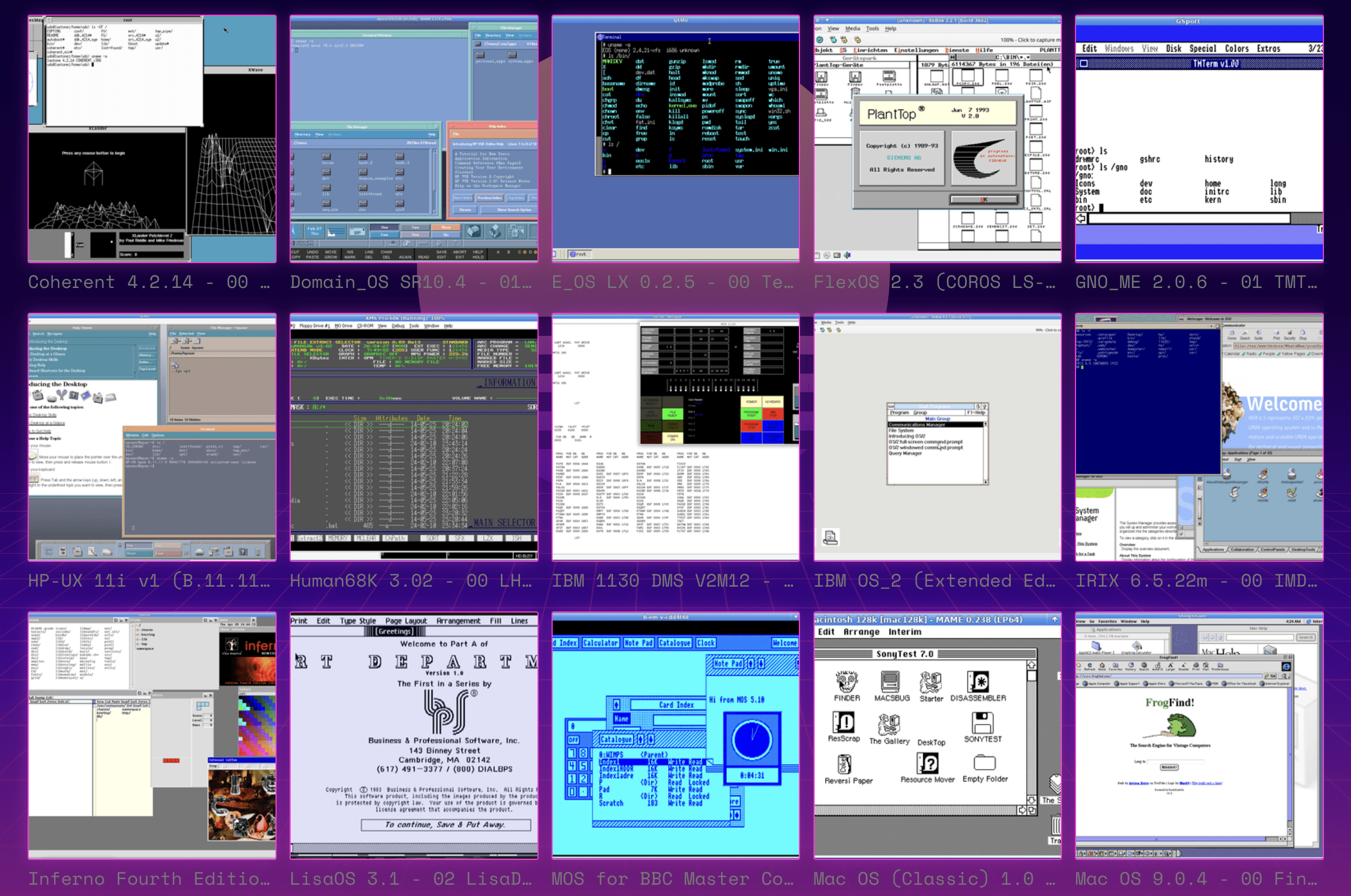A collection of screenshots from various platforms on the Virtual OS Museum.