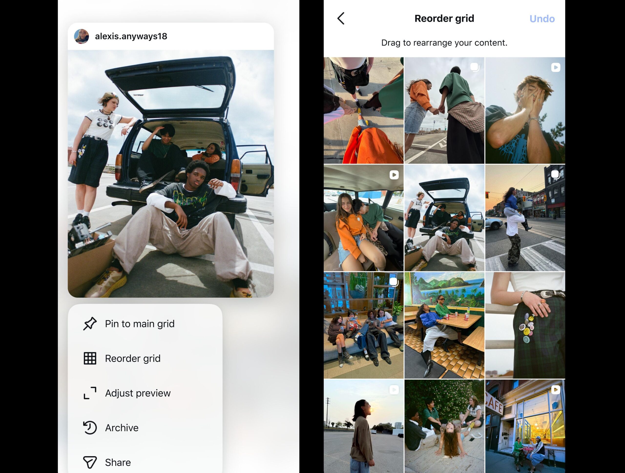 Two simulated mobilescreens show the reorder grid feature in use on Instagram