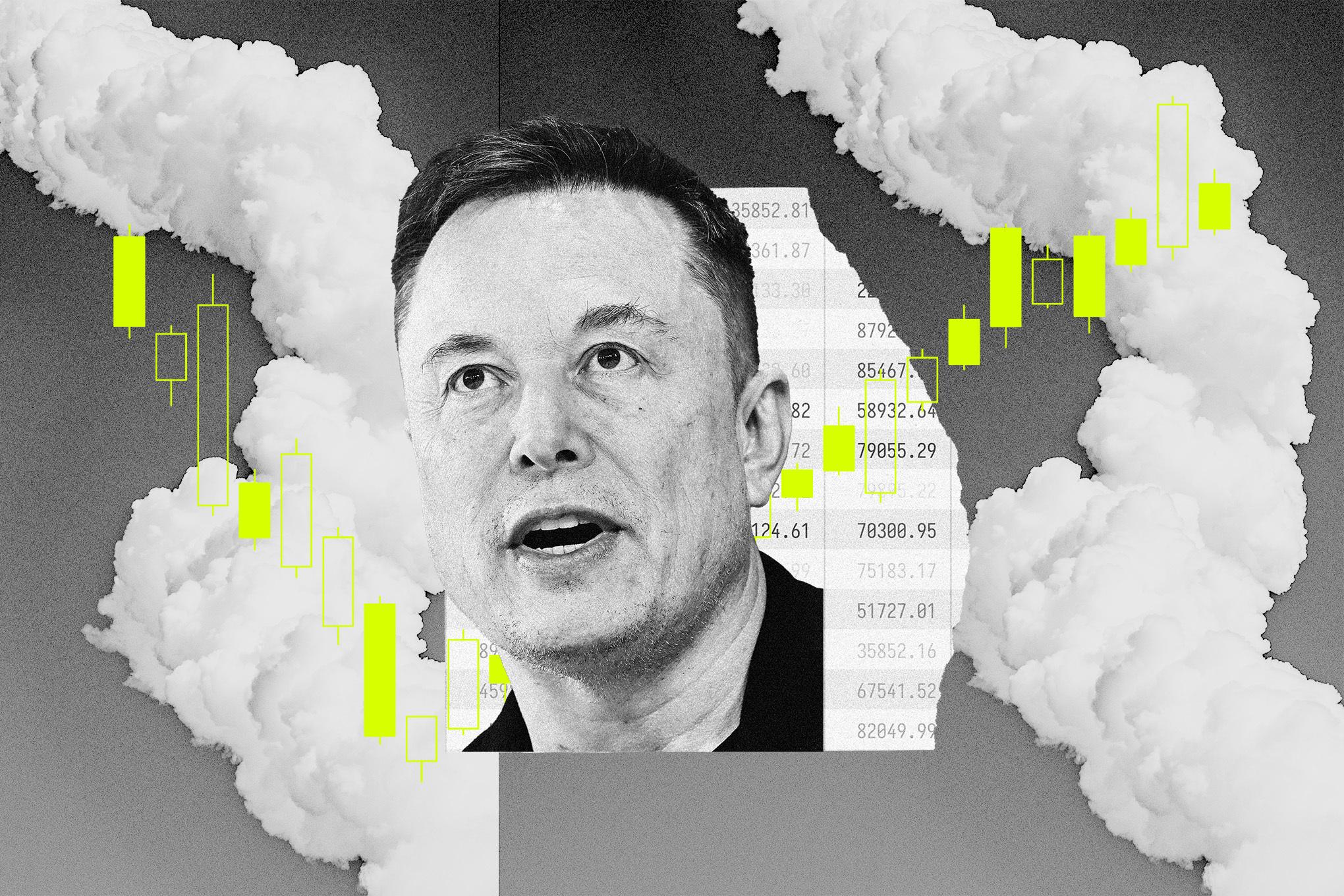 A photo illustration of Elon Musk with rocket plumes around him.
