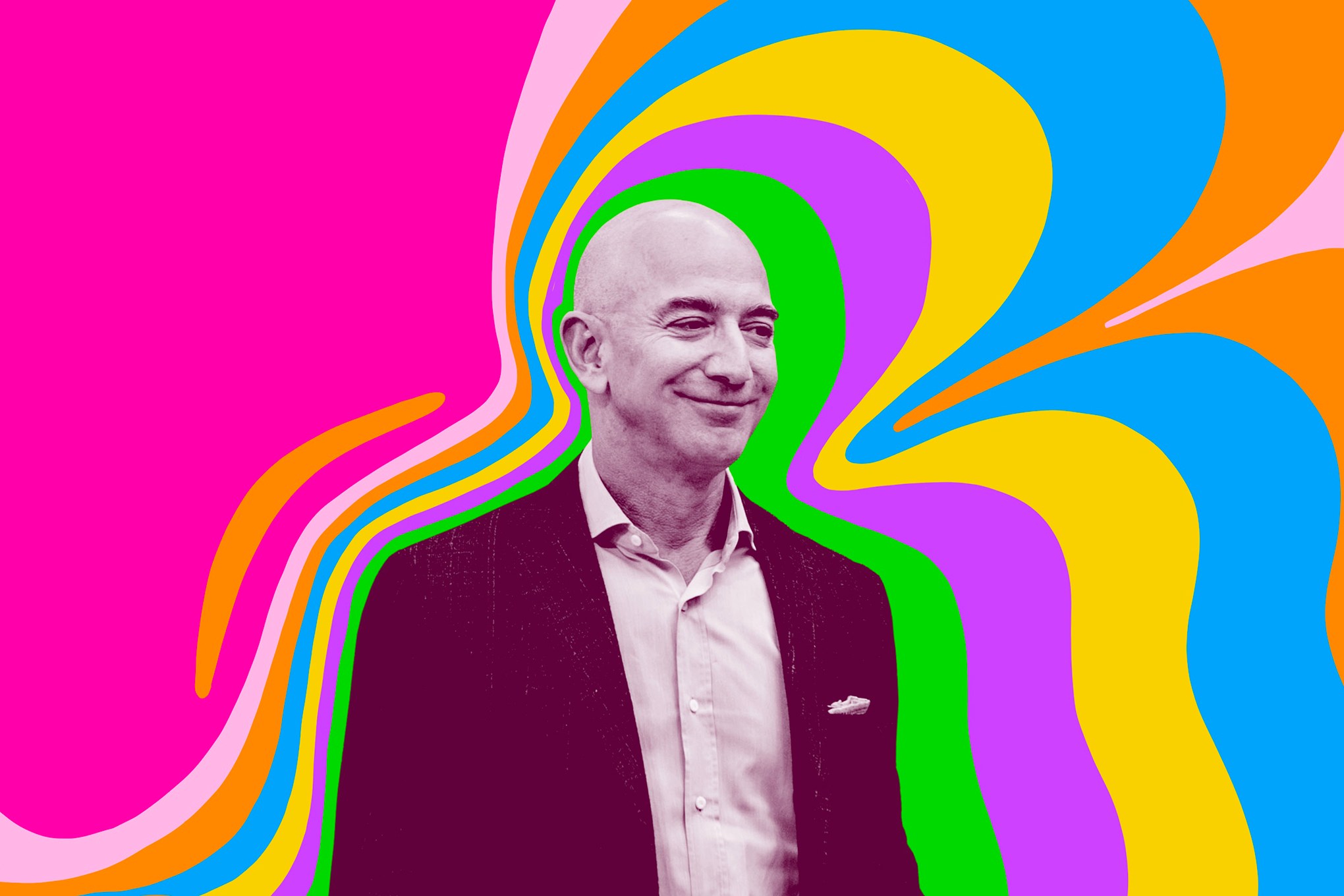 Art depicts Jeff Bezos surrounded by bright colors.