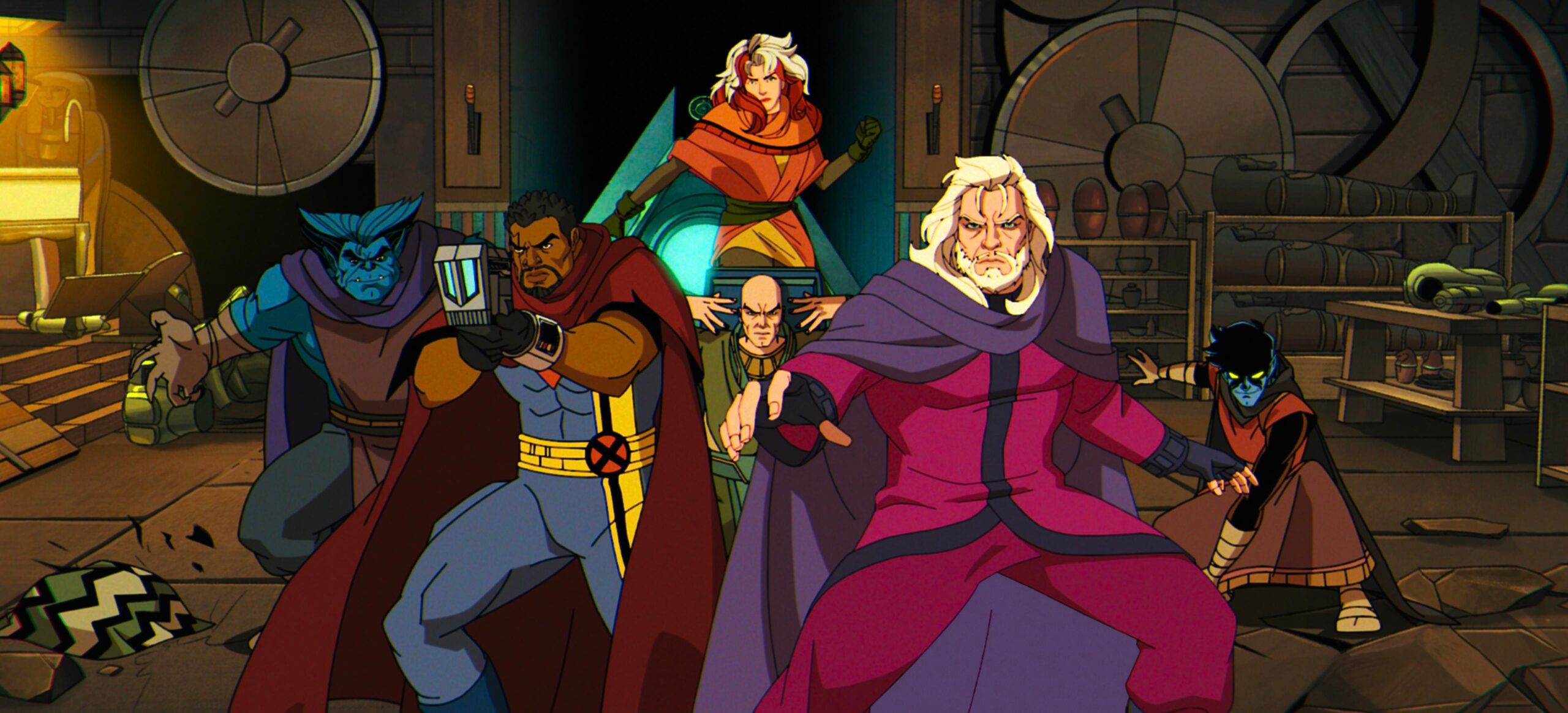 A group shot of the X-Men Beast, Bishop, Rogue, Professor Xavier, Magneto, and Nightcrawler.