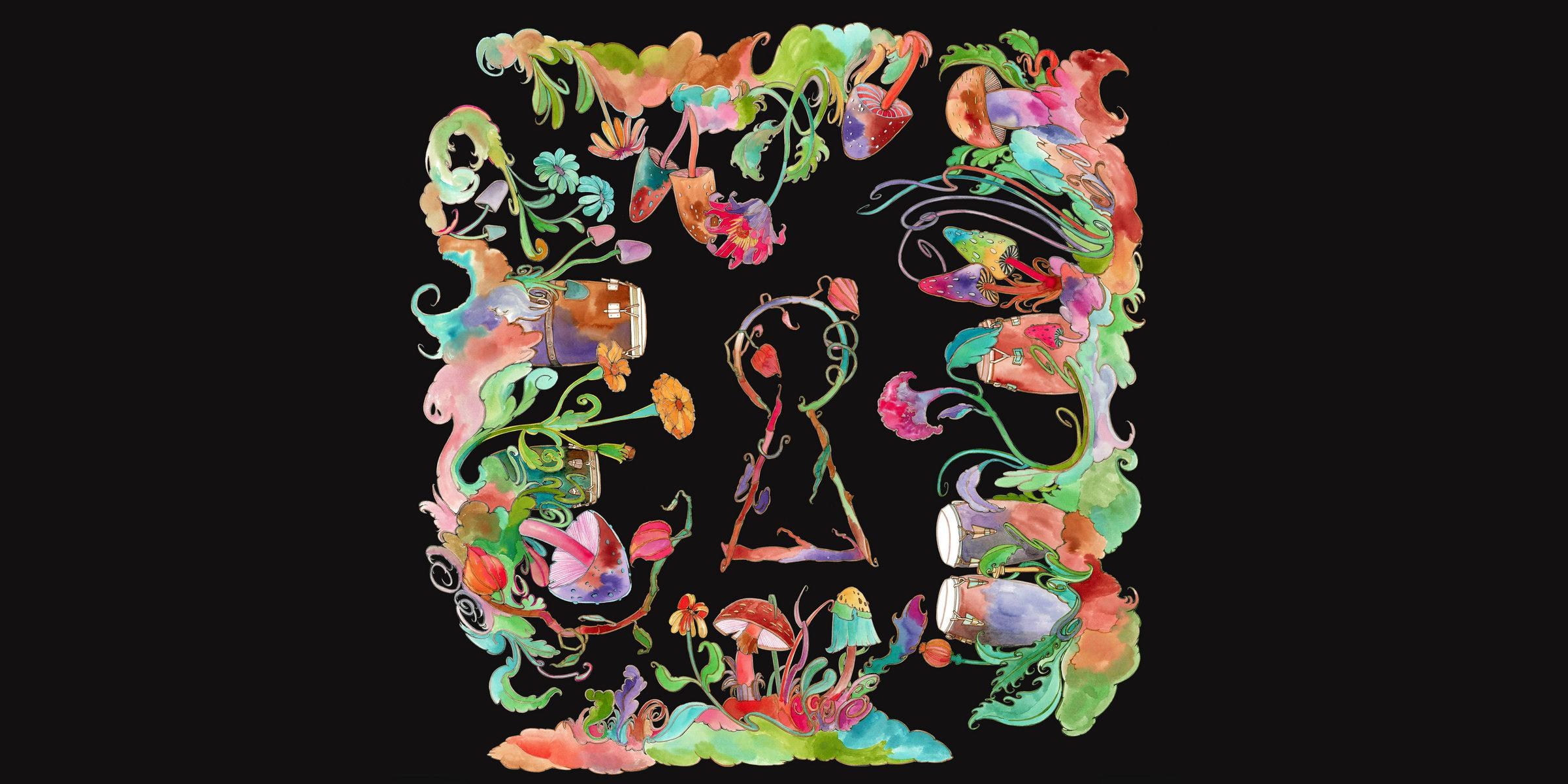 The cover of Conclave’s self-titled debut record featuring a water color painting of flowers, mushrooms and congas surrounding a key hole.