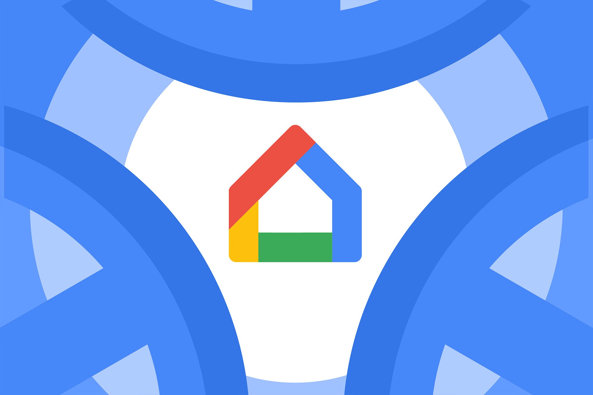 A Google Home logo on a blue and white illustration with the Matter logo.