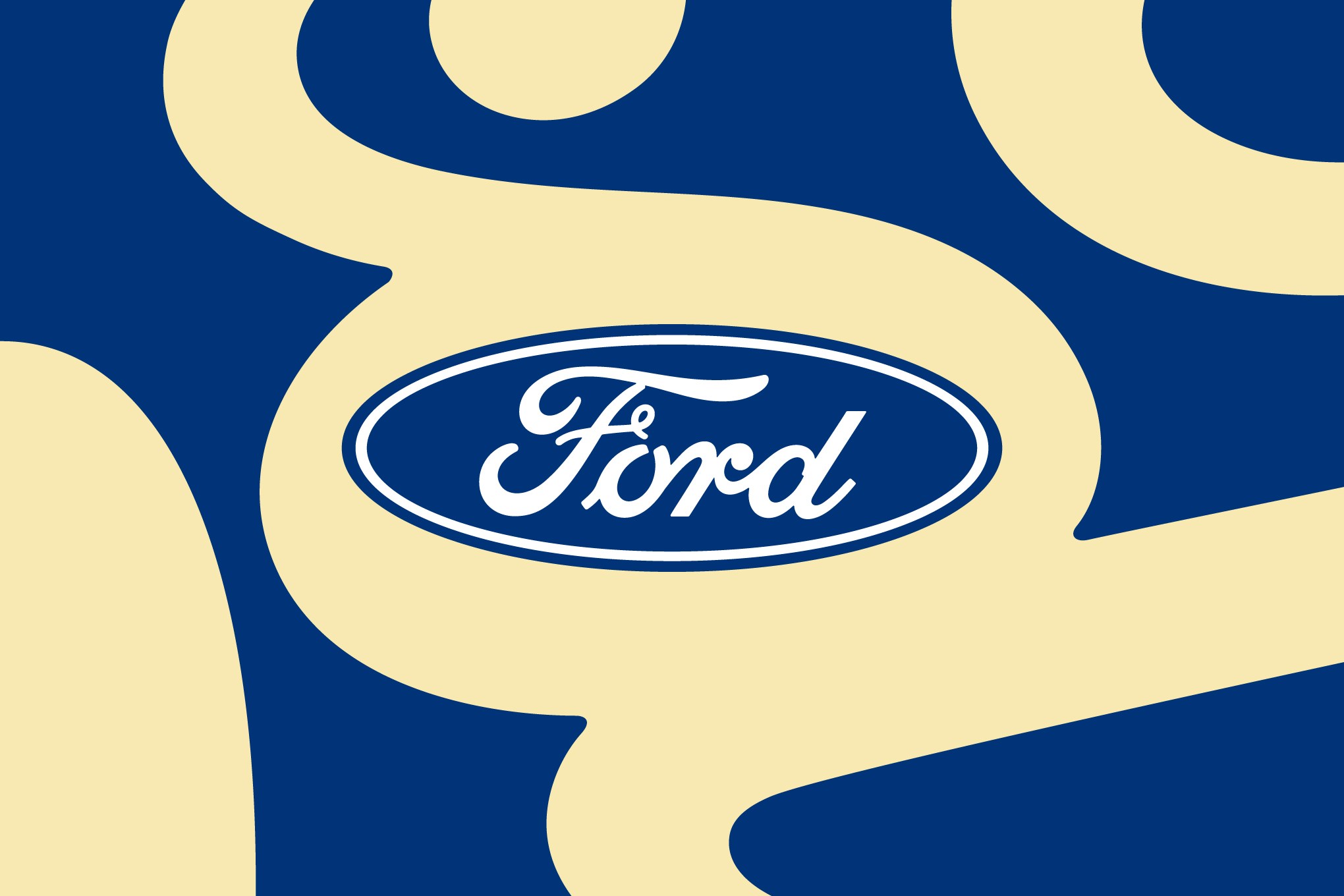 The Ford logo on a graphic blue and white background.