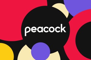 A playful illustration of the Peacock logo surrounded by colored circles.