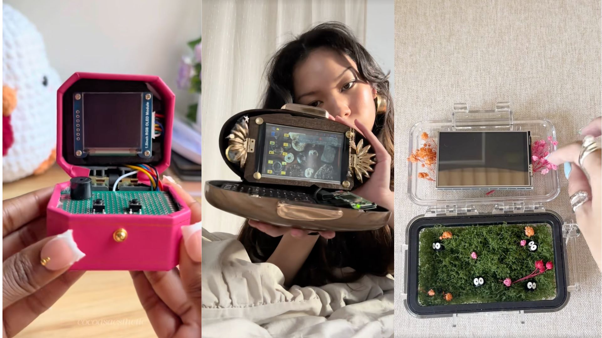 Three screenshots of TikTok videos featuring homemade cyberdecks