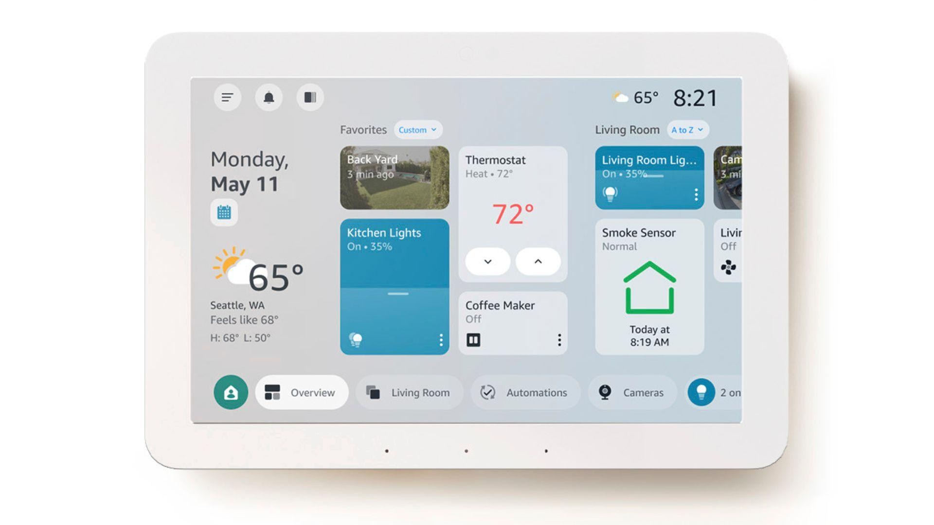 An Amazon Echo Hub displaying the redesigned home screen
