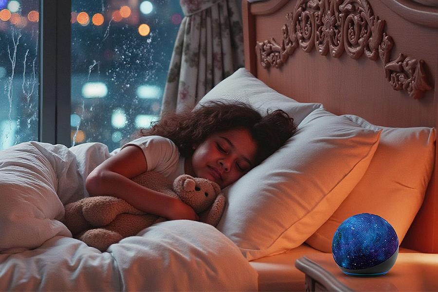 A child sleeping in a bed with an Amazon Echo Glow on their bedside table.