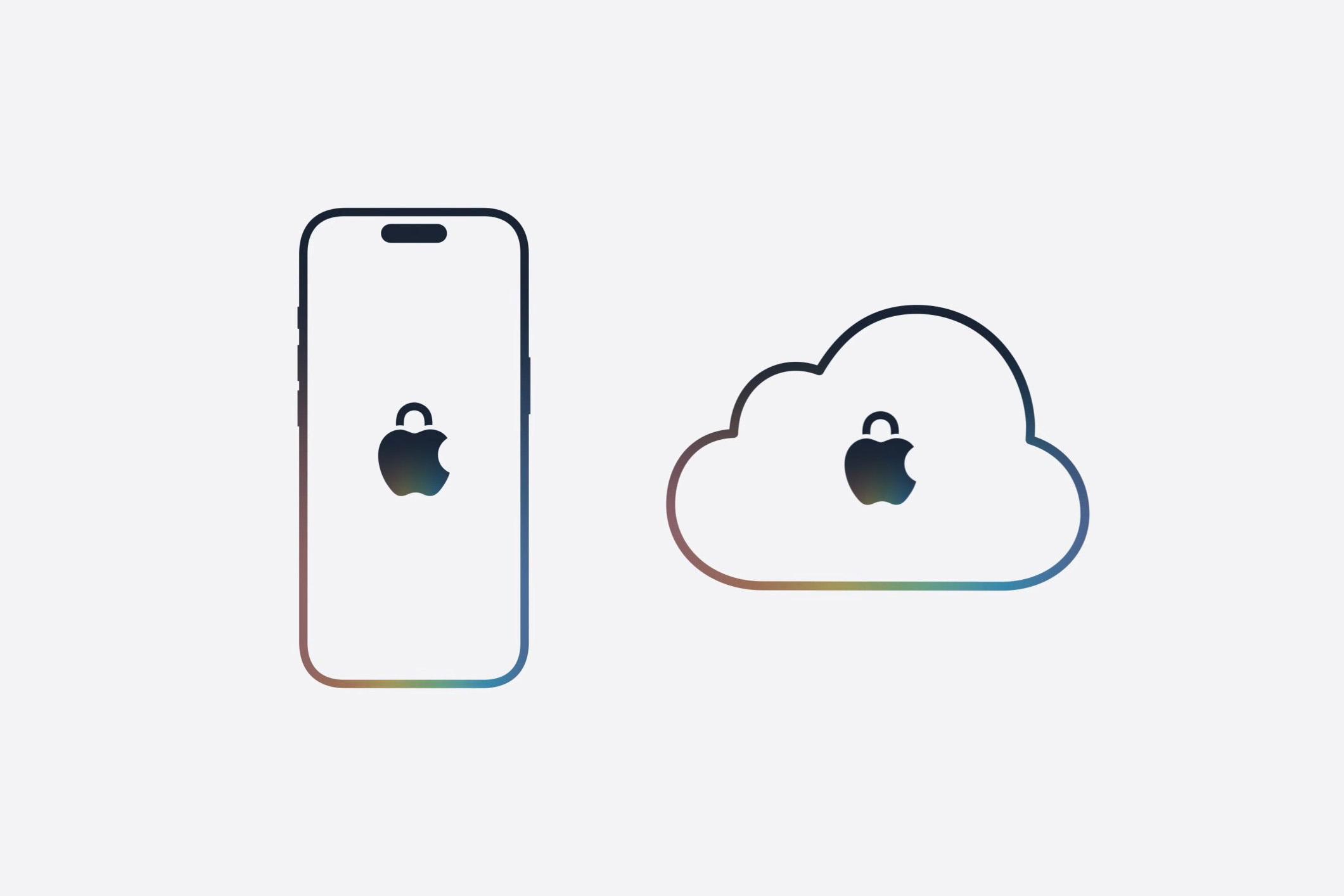 Screenshot showing silhouettes of an iPhone and a cloud, each with an Apple logo padlock inside.